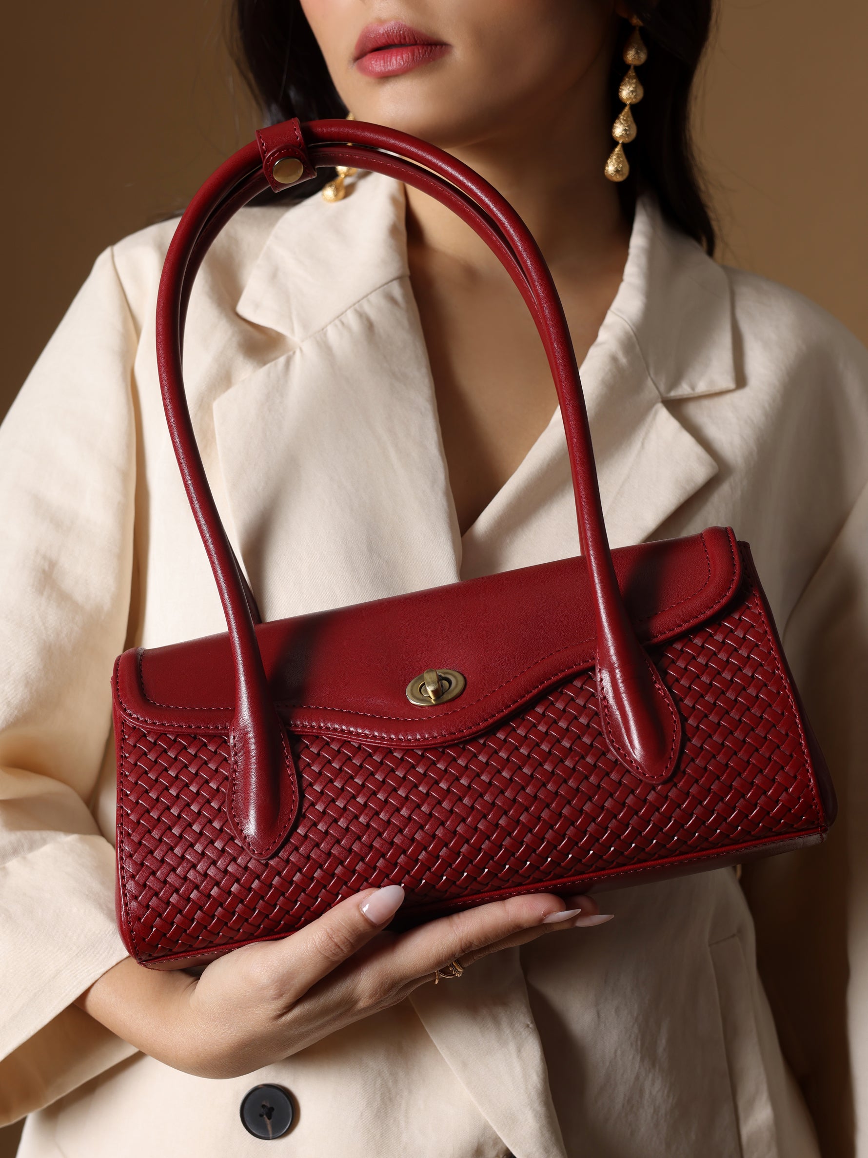 Handcrafted Woven Vegetable Tanned Leather Seville Satchel Medium Cherry Red for Women Tan & Loom
