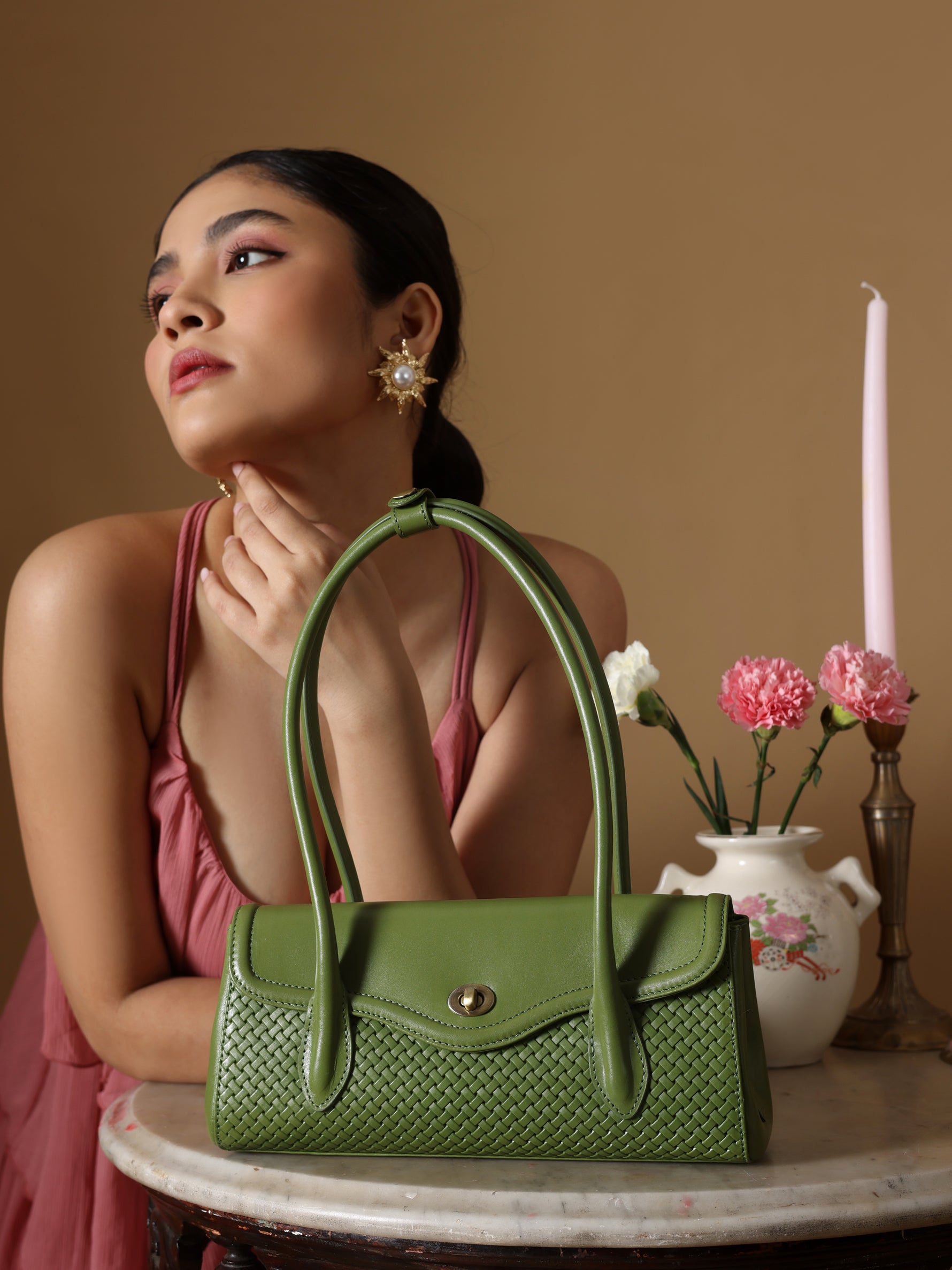 Handcrafted Woven Vegetable Tanned Leather Seville Satchel Medium Matcha Green for Women 