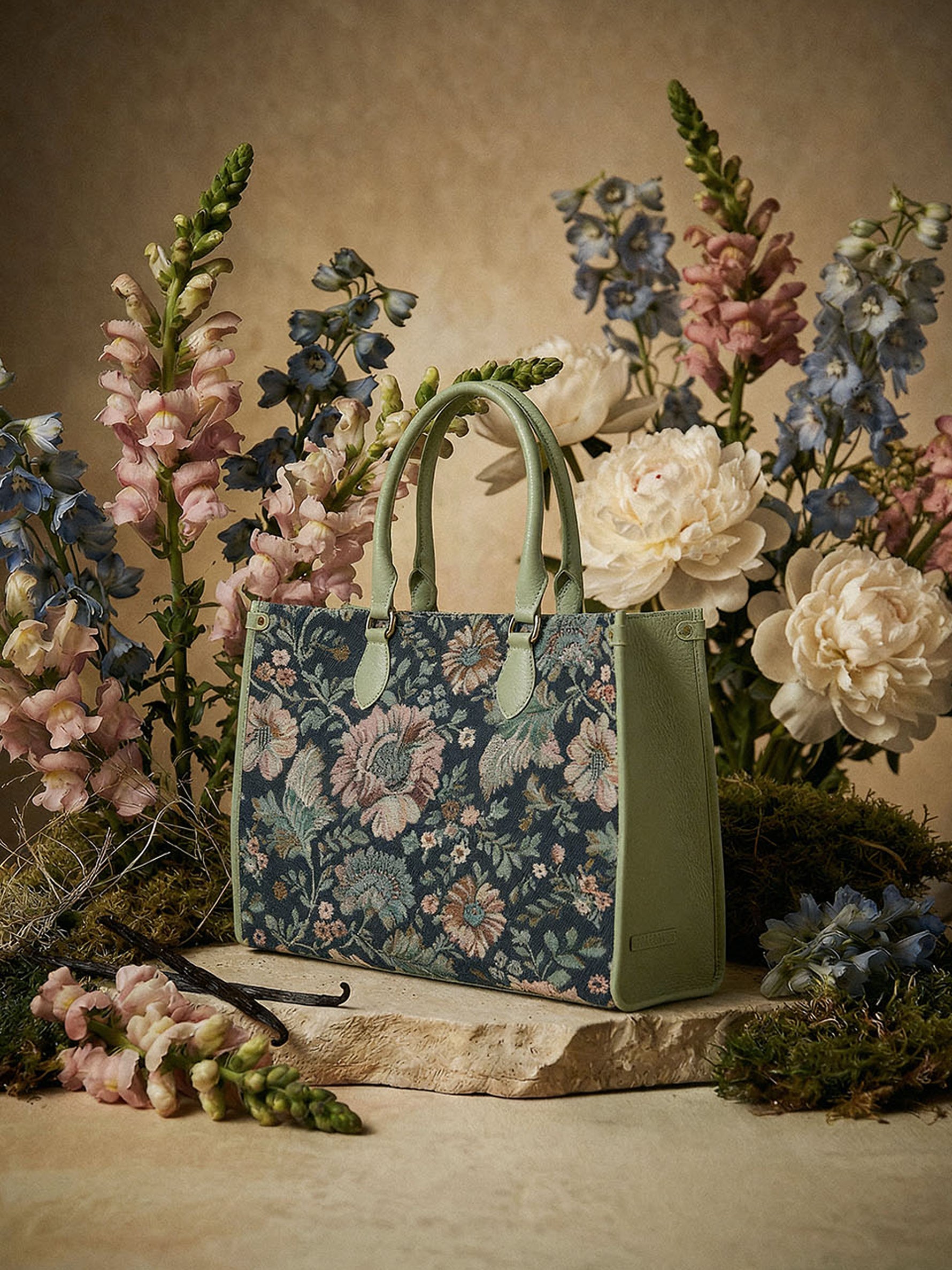 Handcrafted genuine leather and vintage floral tote for women in denim blue jacquard with mint green leather trim