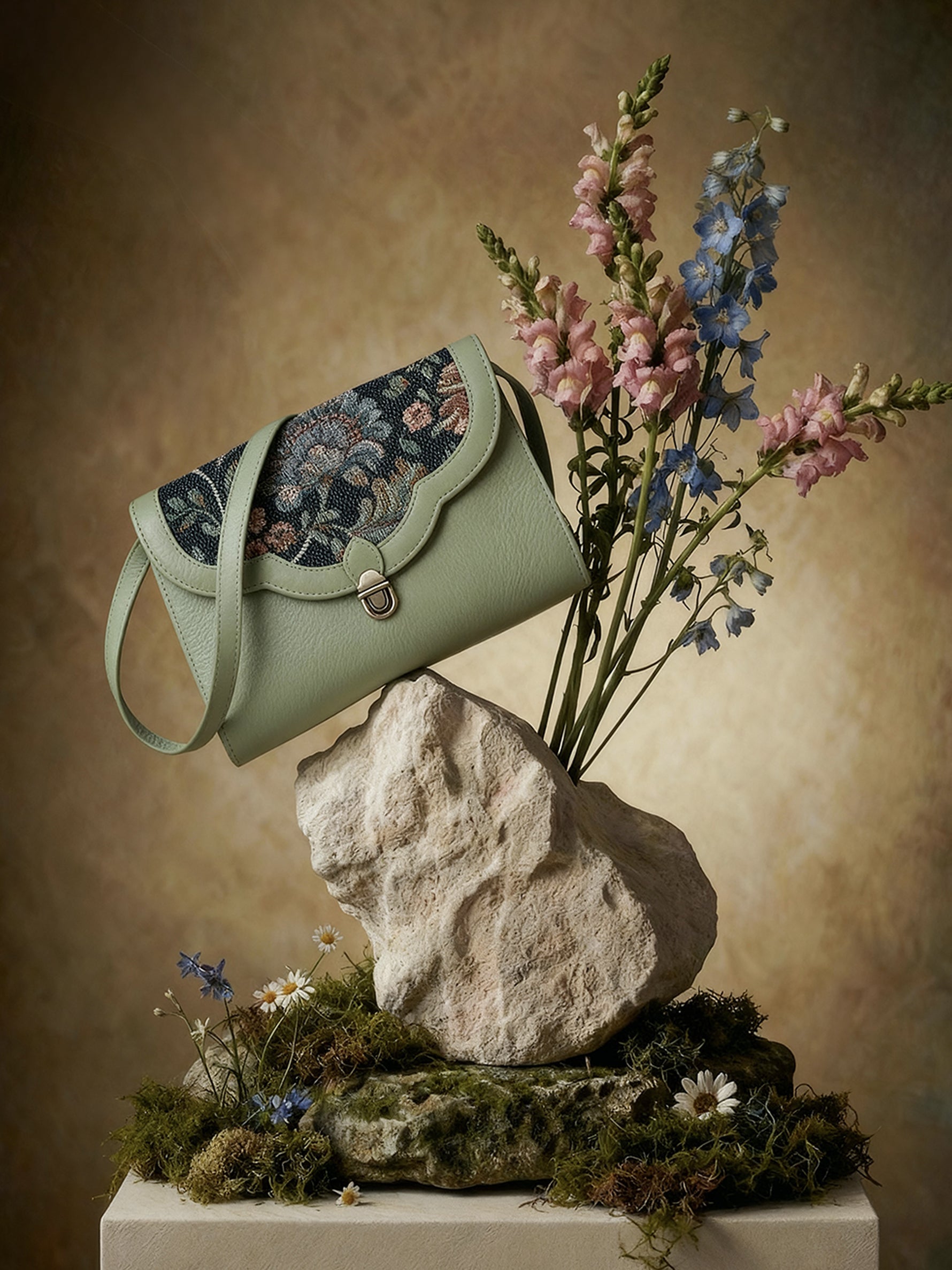 Handcrafted genuine leather and vintage floral sling bag for women in denim blue jacquard with mint green leather trim