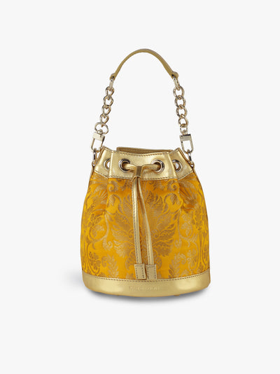 Handcrafted Yellow Genuine Leather & Banarasi Brocade Bucket Potli Bag for Women Tan & Loom