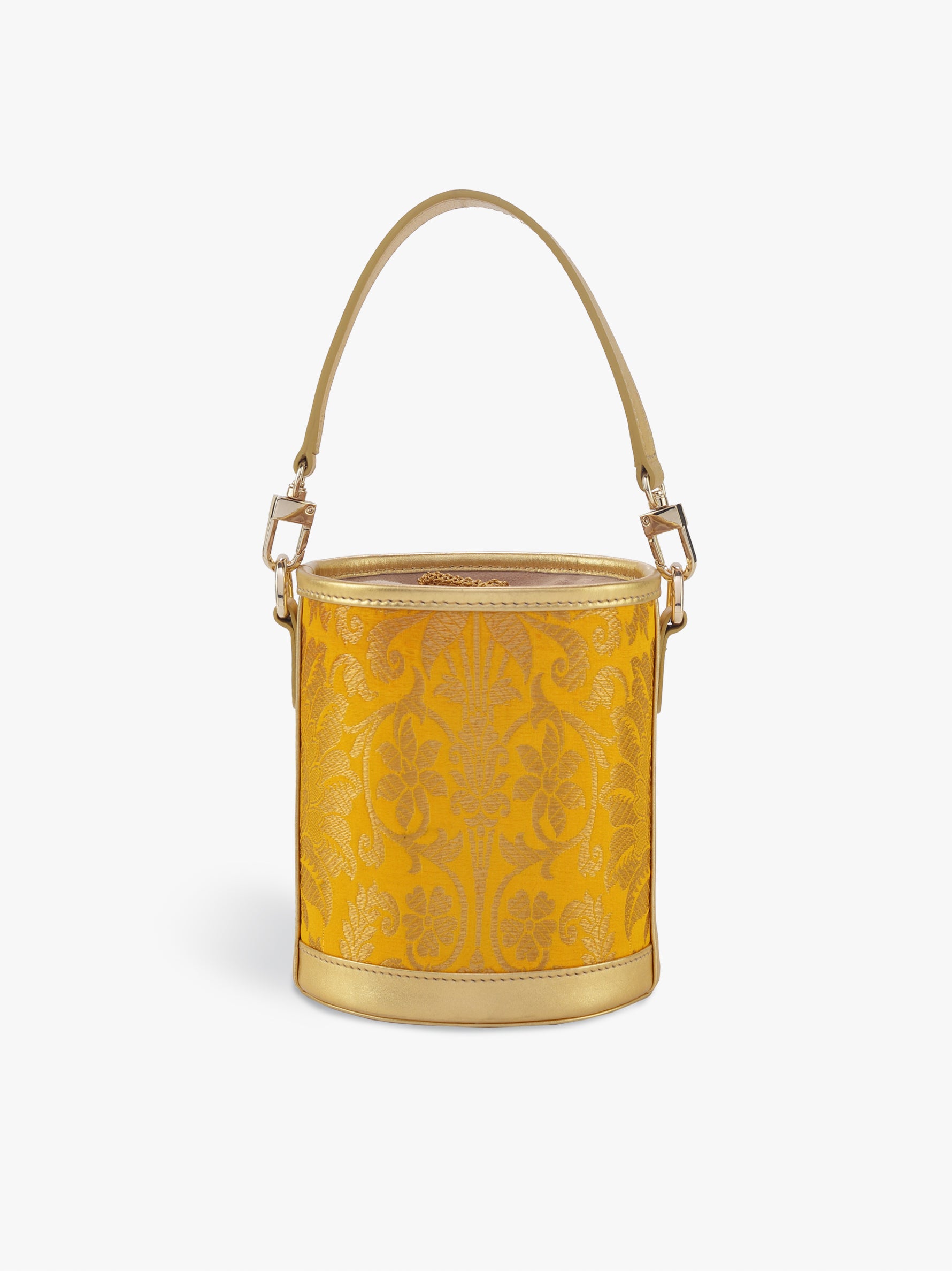 Handcrafted Yellow Genuine Leather & Banarasi Brocade Cylinder Potli Bag for Women Tan & Loom
