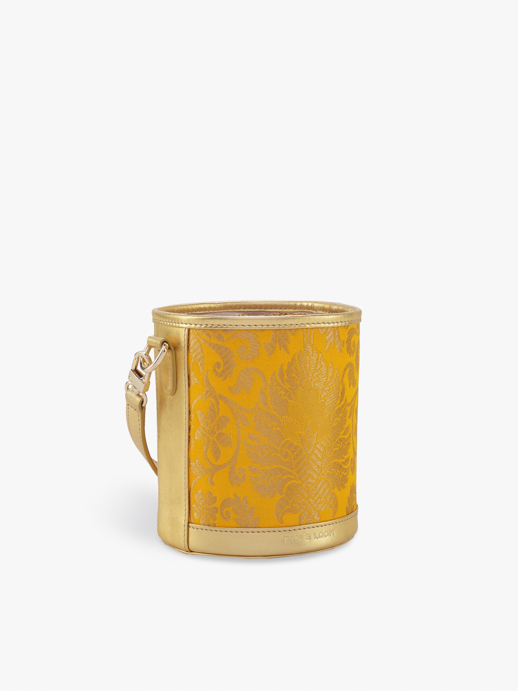 Handcrafted Yellow Genuine Leather & Banarasi Brocade Cylinder Potli Bag for Women Tan & Loom