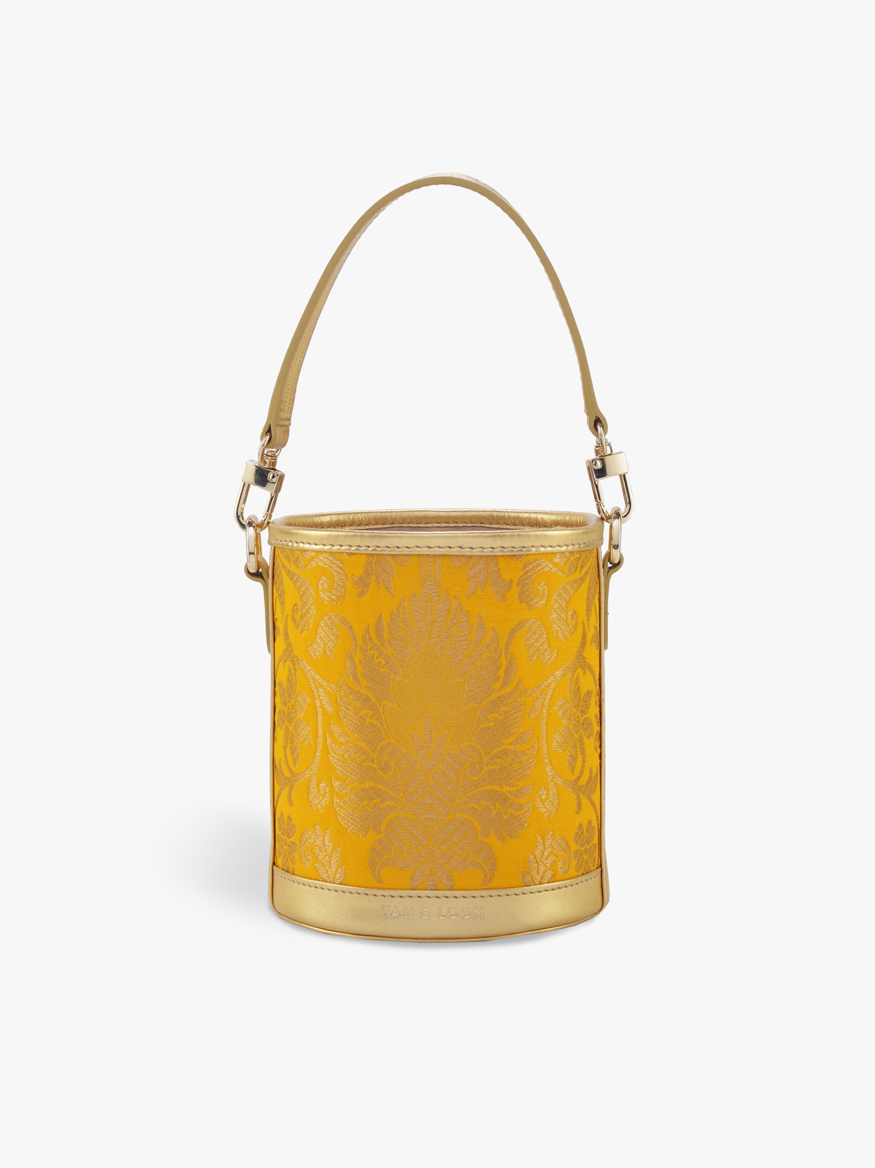 Handcrafted Yellow Genuine Leather & Banarasi Brocade Cylinder Potli Bag for Women Tan & Loom