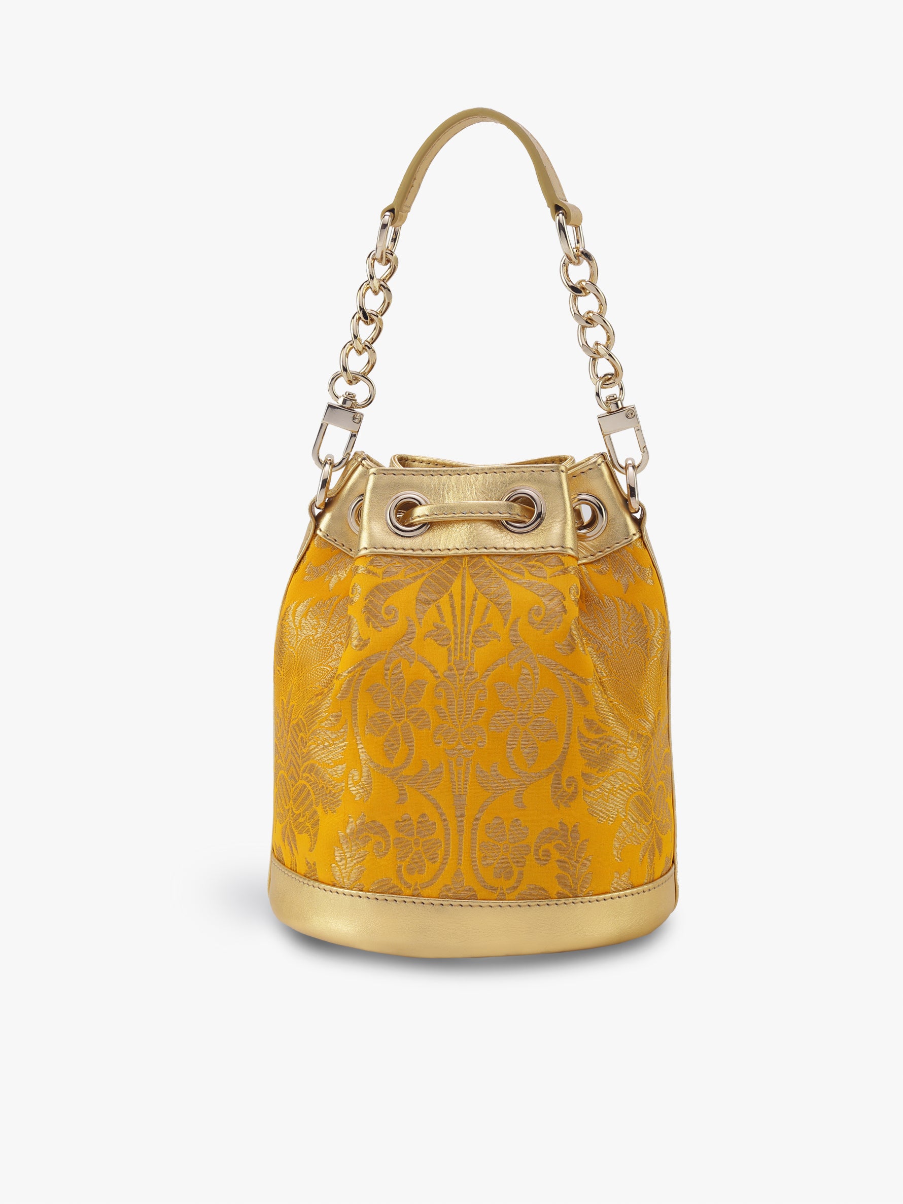 Handcrafted Yellow Genuine Leather & Banarasi Brocade Bucket Potli Bag for Women Tan & Loom