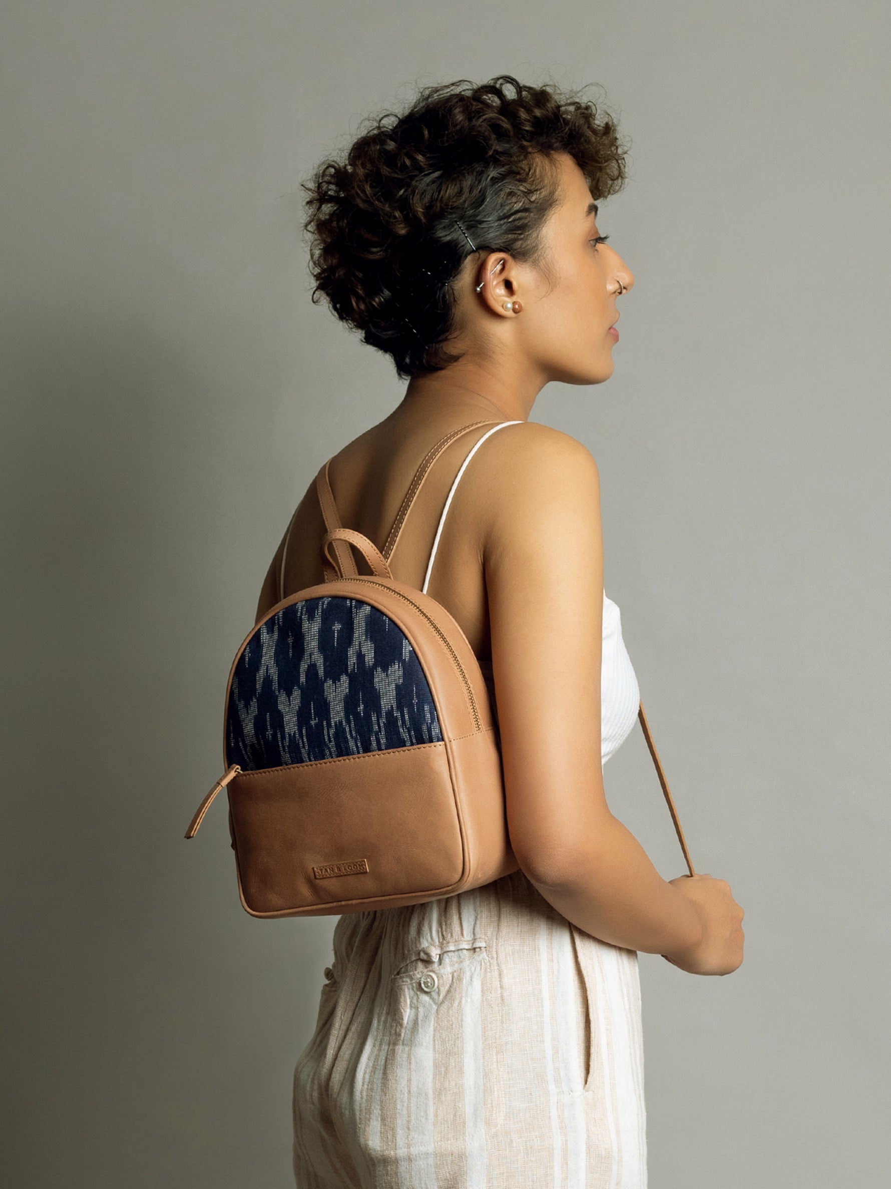 Handcrafted Premium Genuine Vegetable Tanned Leather & Ikat Navy Blue Backpack for Women Tan & Loom