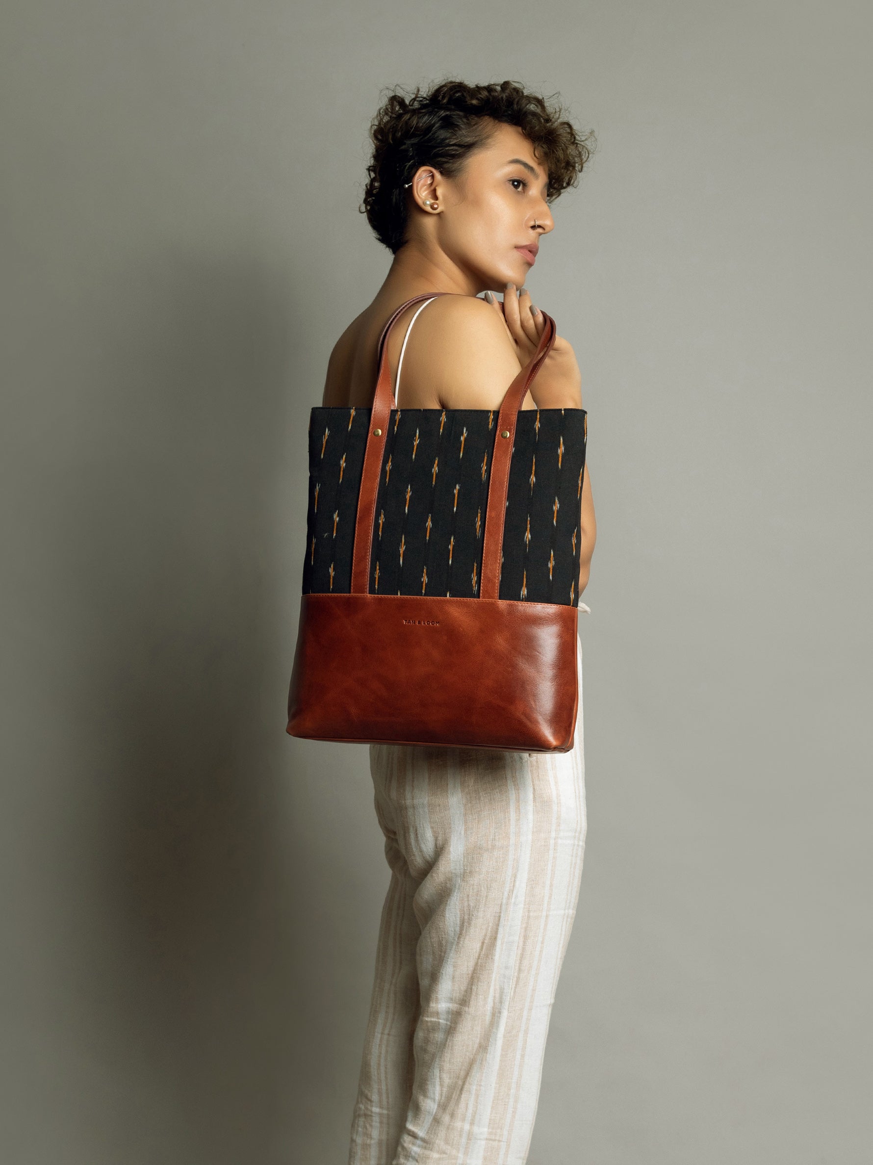 Handcrafted Premium Genuine Vegetable Tanned Leather & Ikat Black & Yellow Classic Tote Bag for Women Tan & Loom