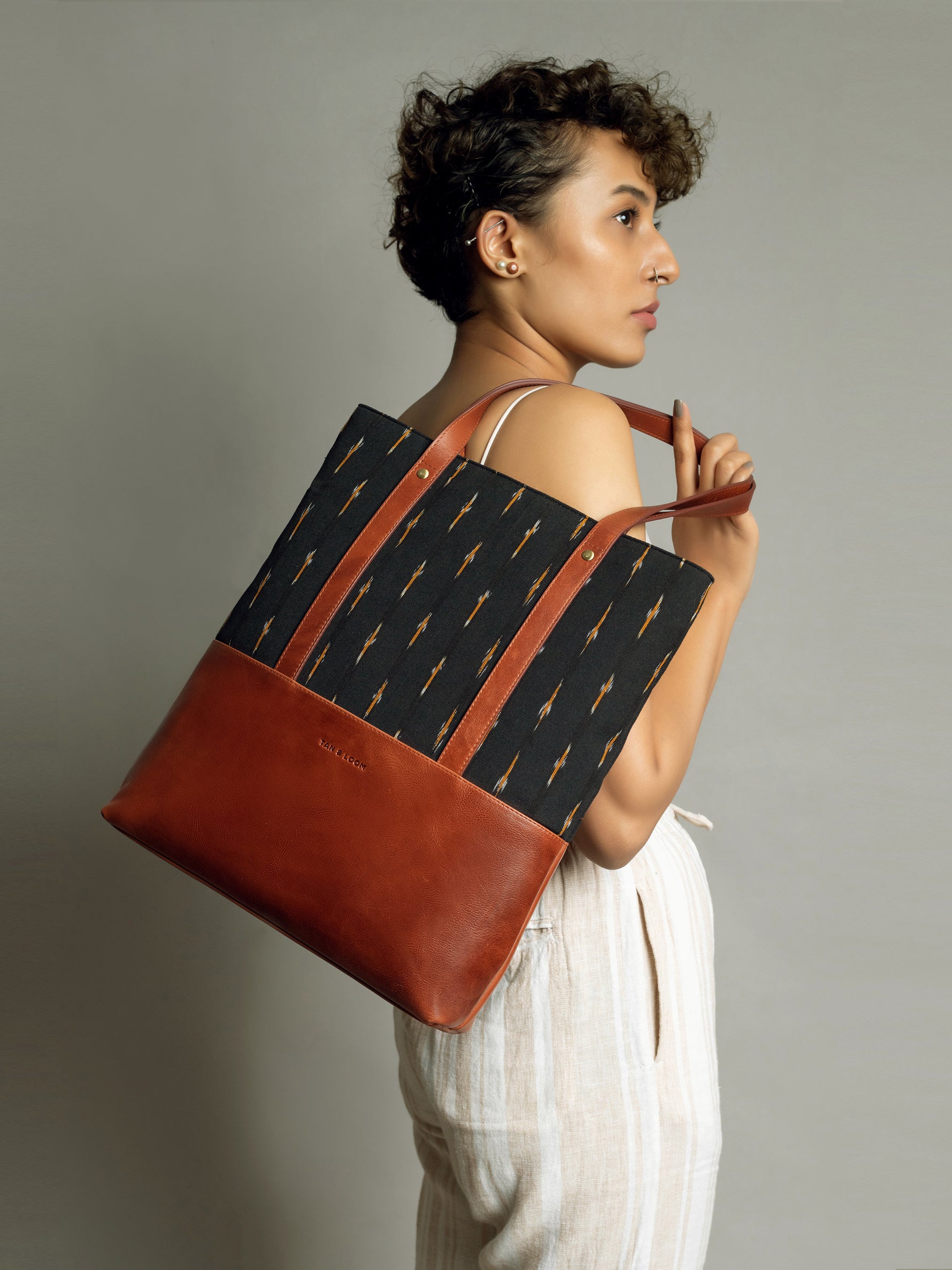 Handcrafted Premium Genuine Vegetable Tanned Leather & Ikat Black & Yellow Classic Tote Bag for Women Tan & Loom