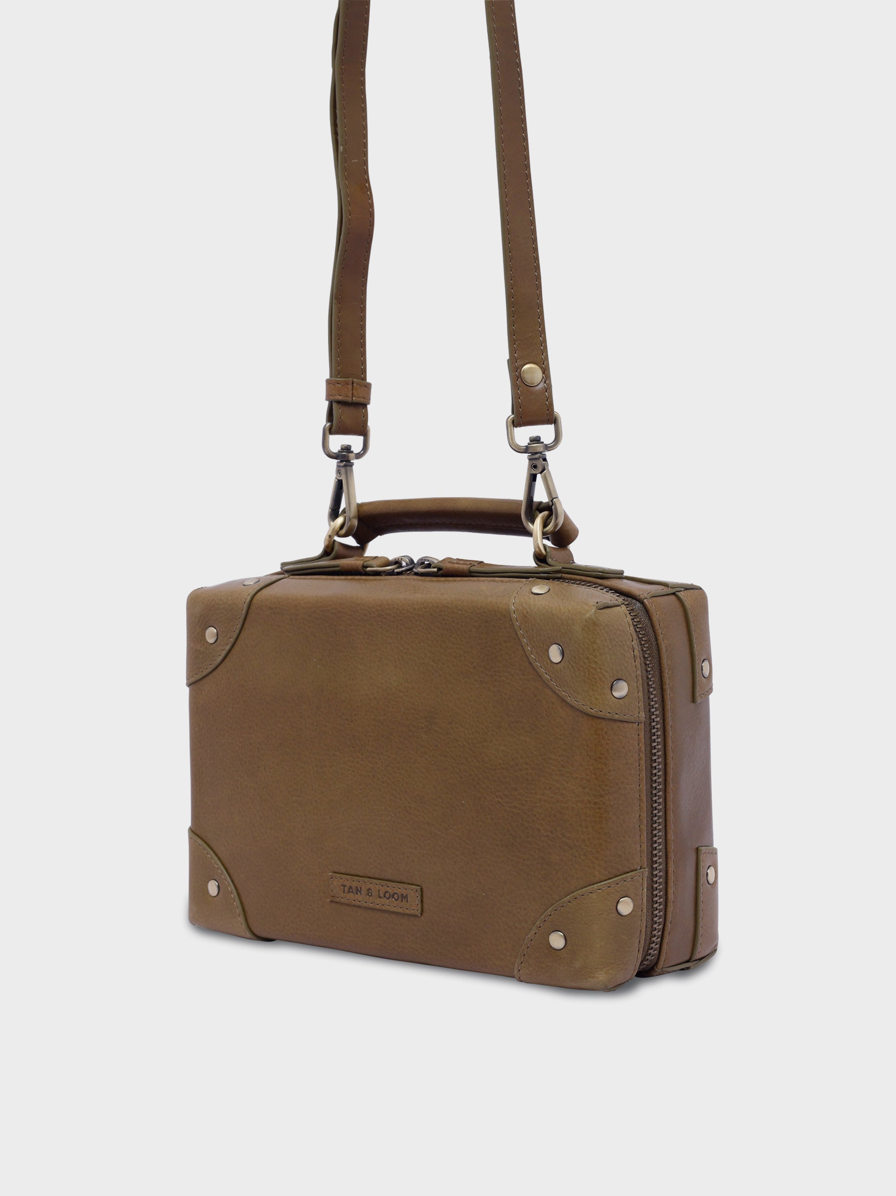Handcrafted Genuine Vegetable Tanned Leather Traveller's Trunk Mini Sling Olive Green for Women Tan & Loom