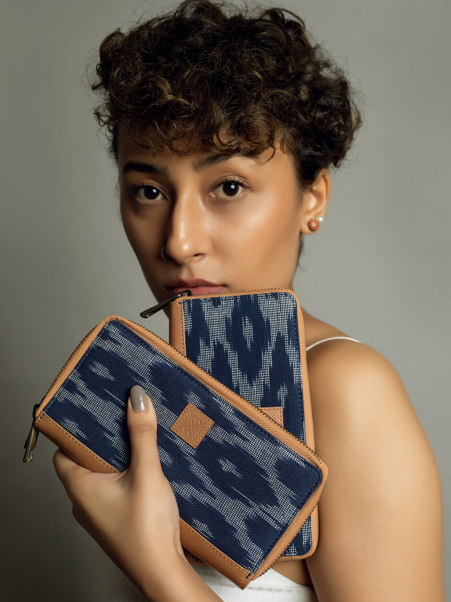 Handcrafted Premium Genuine Vegetable Tanned Leather & Ikat Navy Blue Double Clutch Wallet for Women Tan & Loom