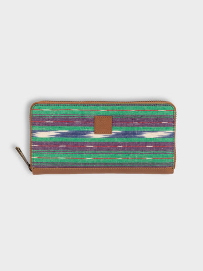 Handcrafted Premium Vegetable Tanned Leather & Ikat Teal Blue Slim Clutch Wallet for Women Tan & Loom