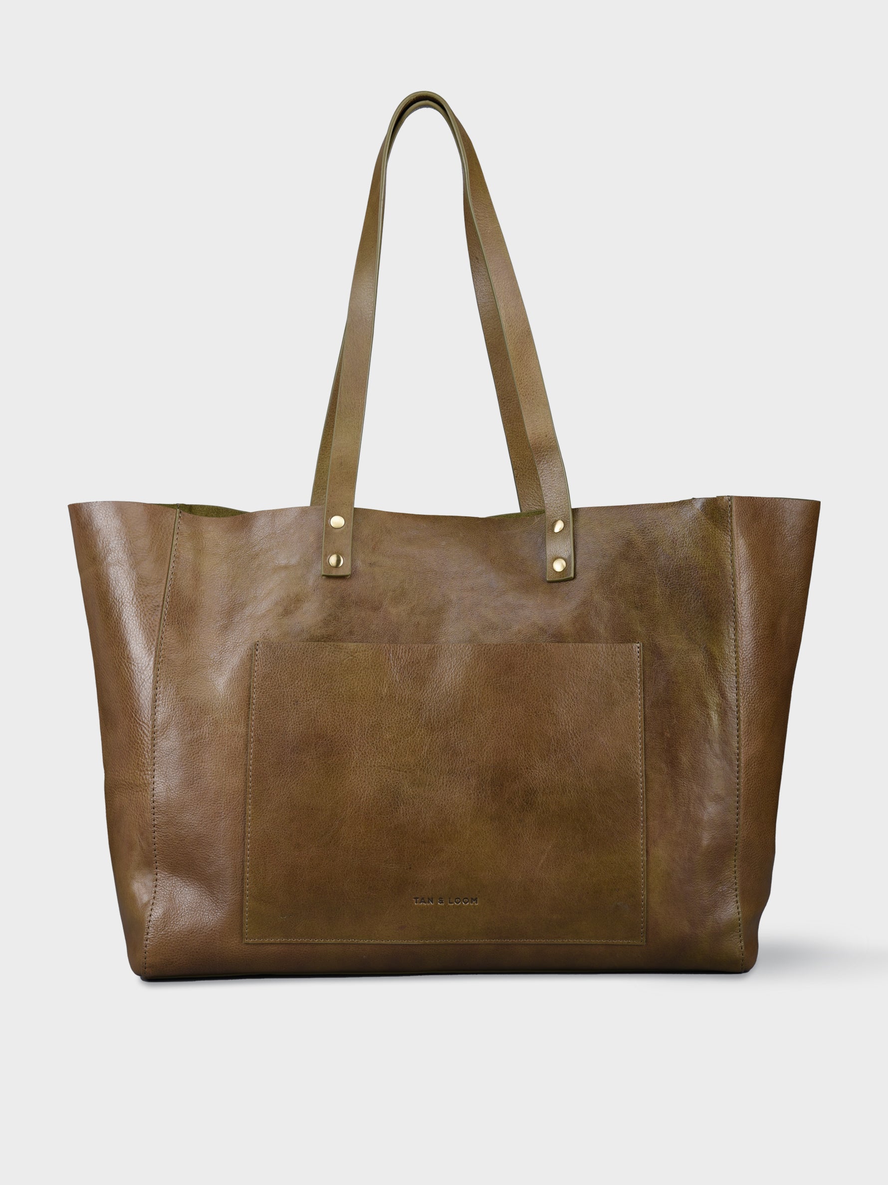 Handcrafted Genuine Vegetable Tanned Leather Old Fashioned Tote Large Olive Green for Women Tan & Loom