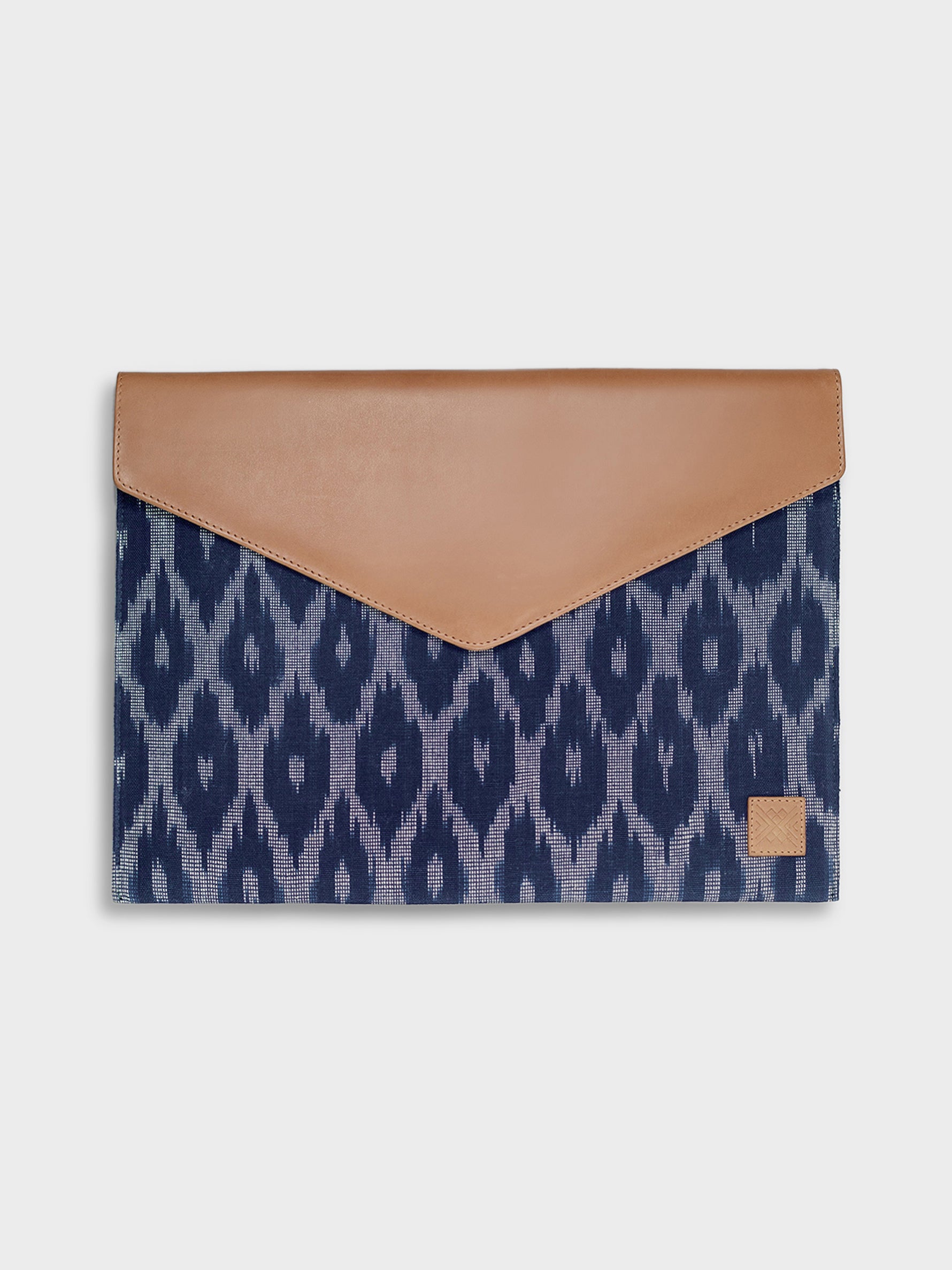 Handcrafted Premium Genuine Vegetable Tanned Leather & Ikat Navy Blue Envelope Laptop Sleeve for Women Tan & Loom