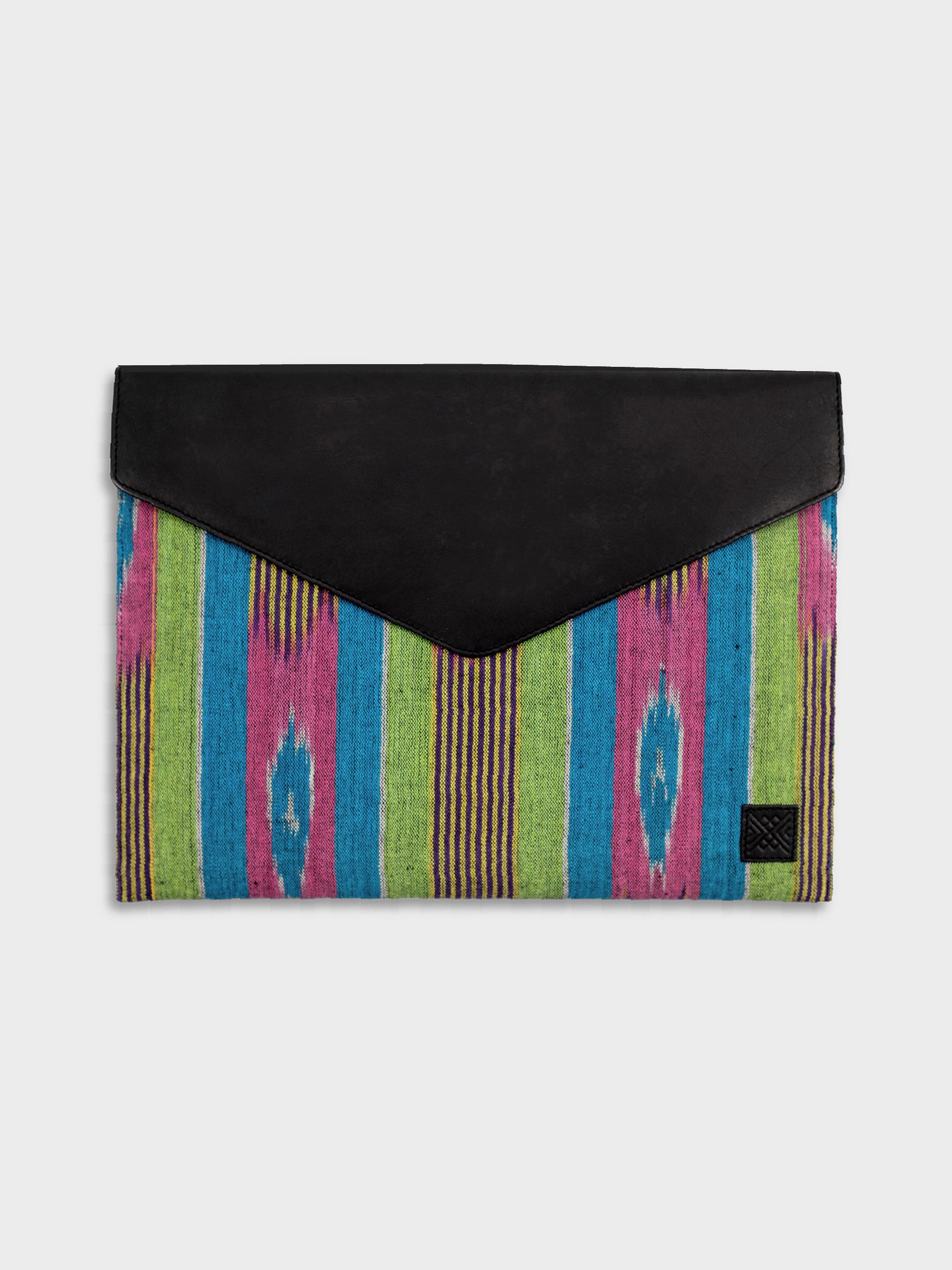 Handcrafted Genuine Leather & Colourfull Ikat Market Women's Envelope Laptop Sleeve Tan & Loom