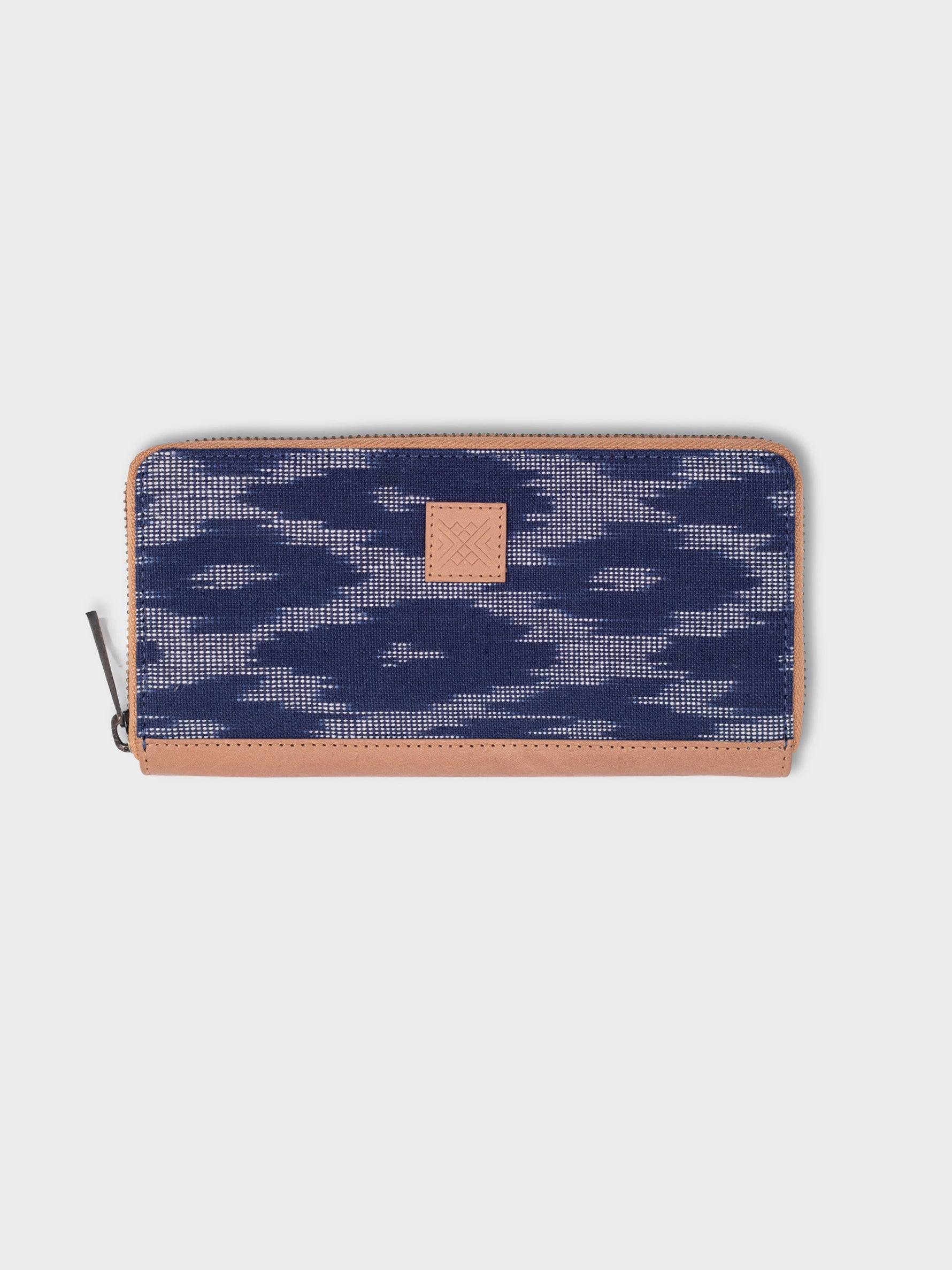 Handcrafted Premium Genuine Vegetable Tanned Leather & Ikat Navy Blue Slim Clutch Wallet  for Women Tan & Loom