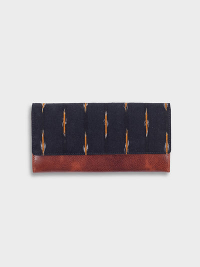 Handcrafted Premium Genuine Vegetable Tanned Leather & Ikat Black & Yellow The Slim Foldover Wallet for Women Tan & Loom
