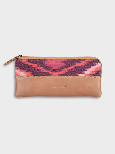 Handcrafted Premium Genuine Vegetable Tanned Leather & Pink Ikat Pencil Pouch for Women Tan & Loom
