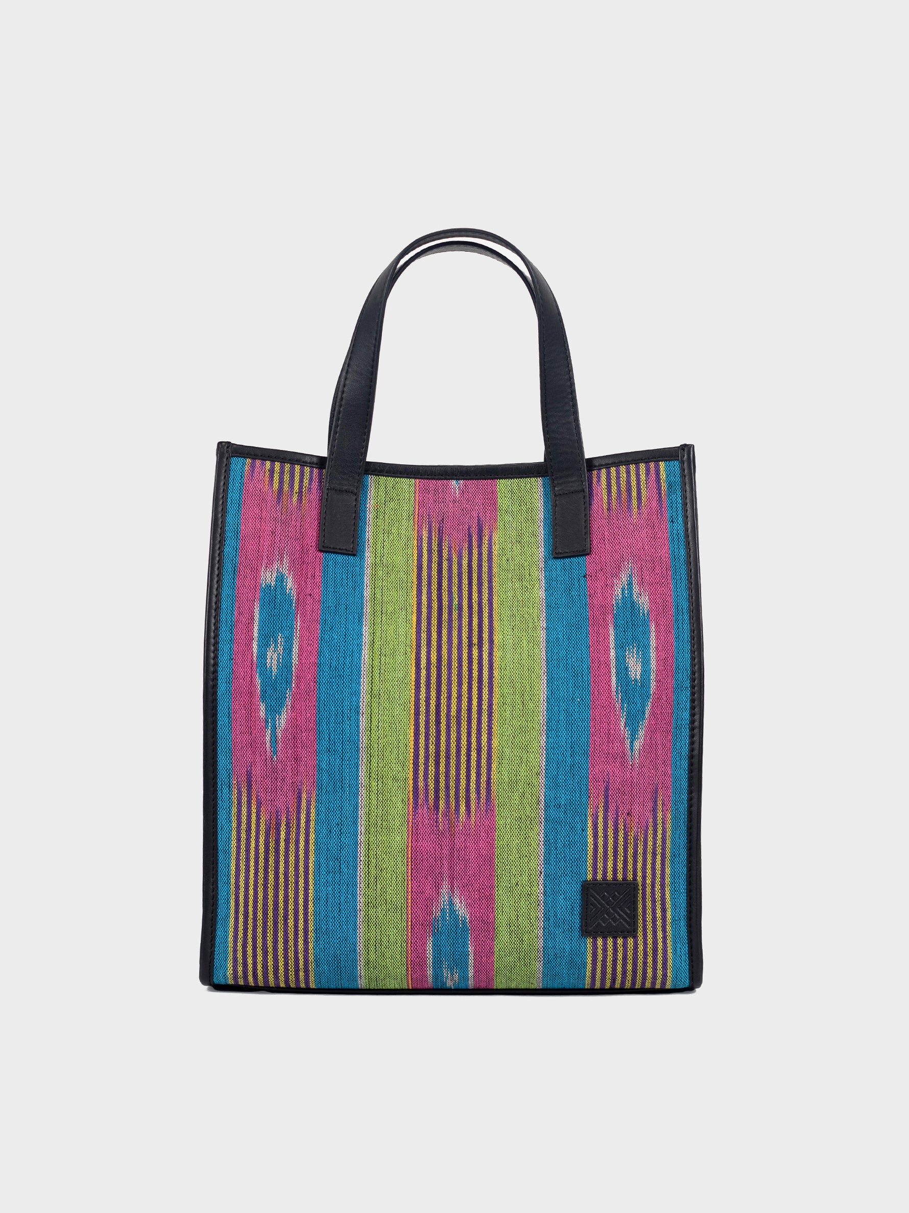 Handcrafted Genuine Leather & Colourfull Ikat Market Women's Tote Bag Tan & Loom