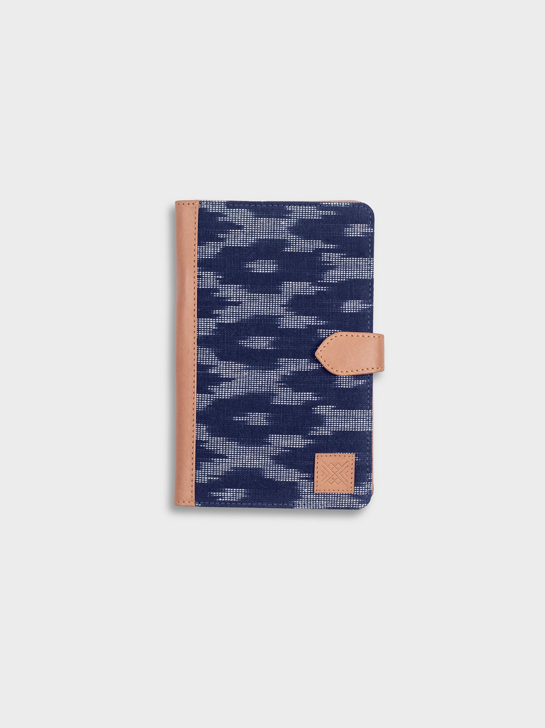 Handcrafted Premium Genuine Vegetable Tanned Leather & Ikat Navy Blue Passport Holder for Women Tan & Loom