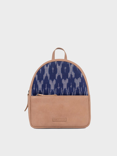 Handcrafted Premium Genuine Vegetable Tanned Leather & Ikat Navy Blue Backpack for Women Tan & Loom