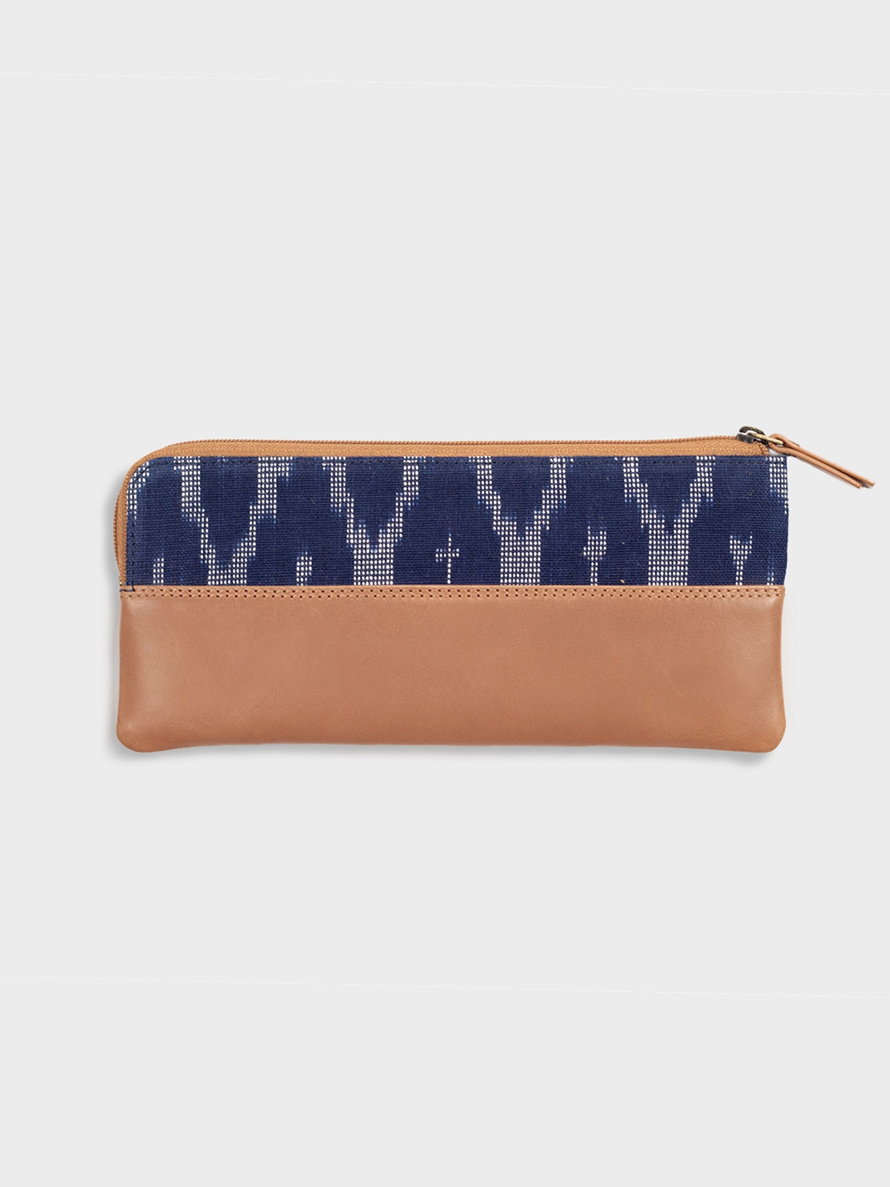 Handcrafted Premium Genuine Vegetable Tanned Leather & Ikat Navy Blue Pencil Pouch for Women Tan & Loom