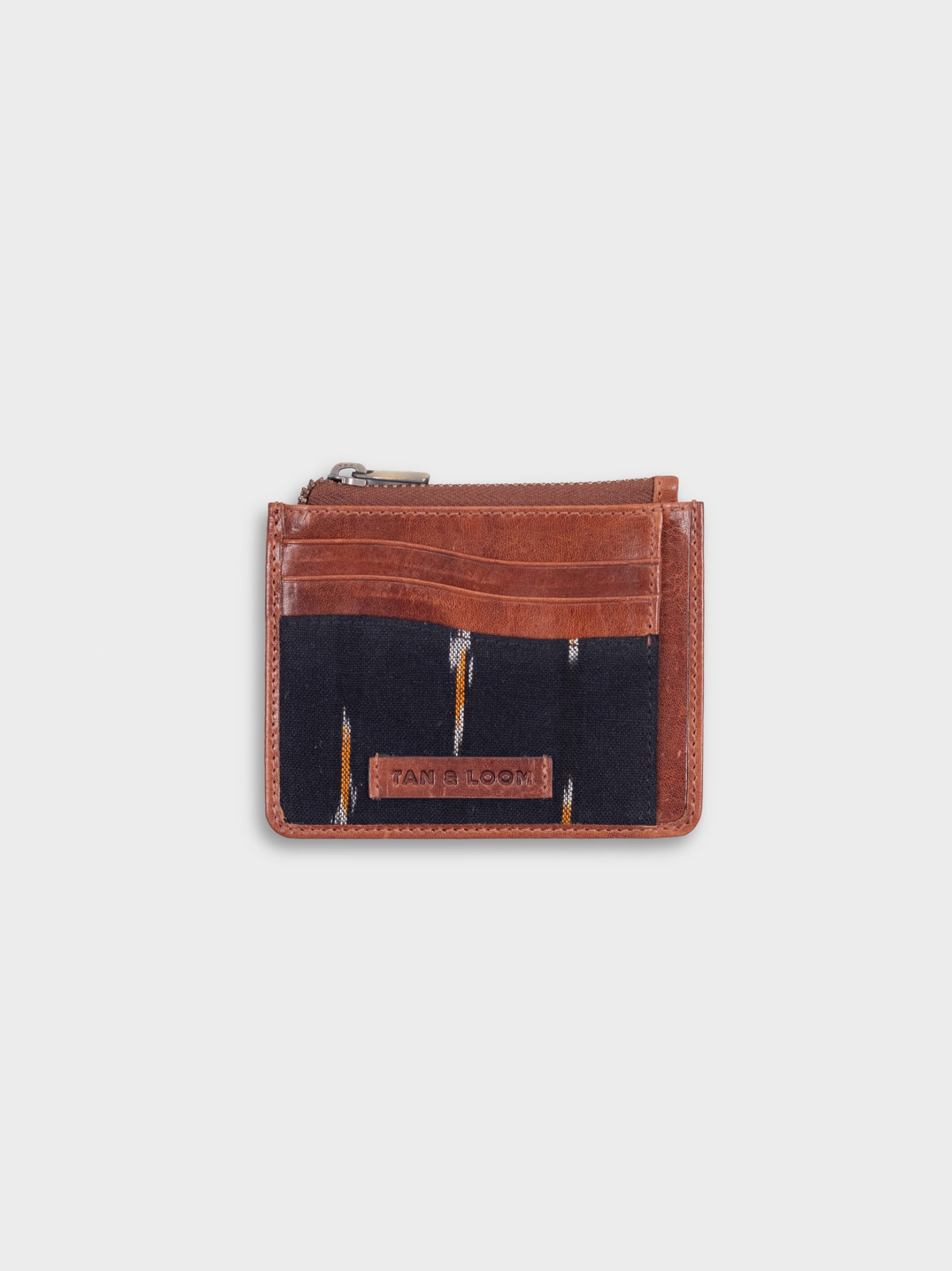 Handcrafted Premium Genuine Vegetable Tanned Leather & Ikat Black & Yellow Card Holder for Women Tan & Loom