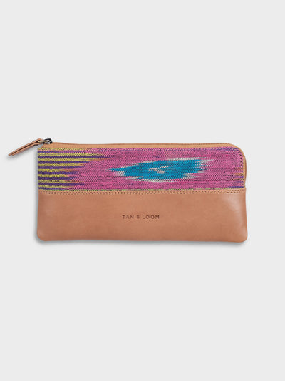 Handcrafted Genuine Leather & Colourfull Ikat Market Women's Pencil Pouch Tan & Loom