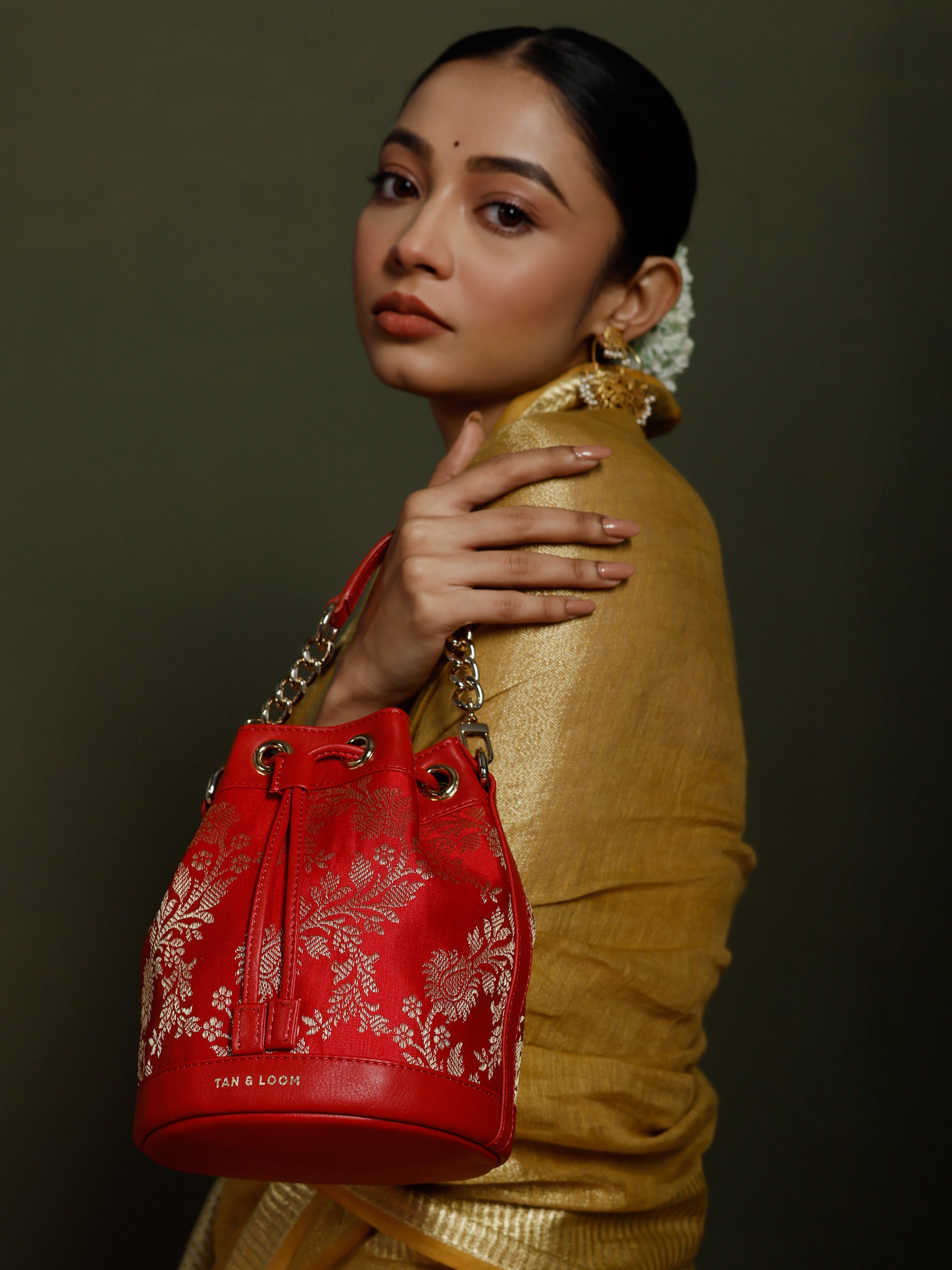 Handcrafted Red Genuine Leather & Banarasi Brocade Bombay Bucket Bag for Women Tan & Loom