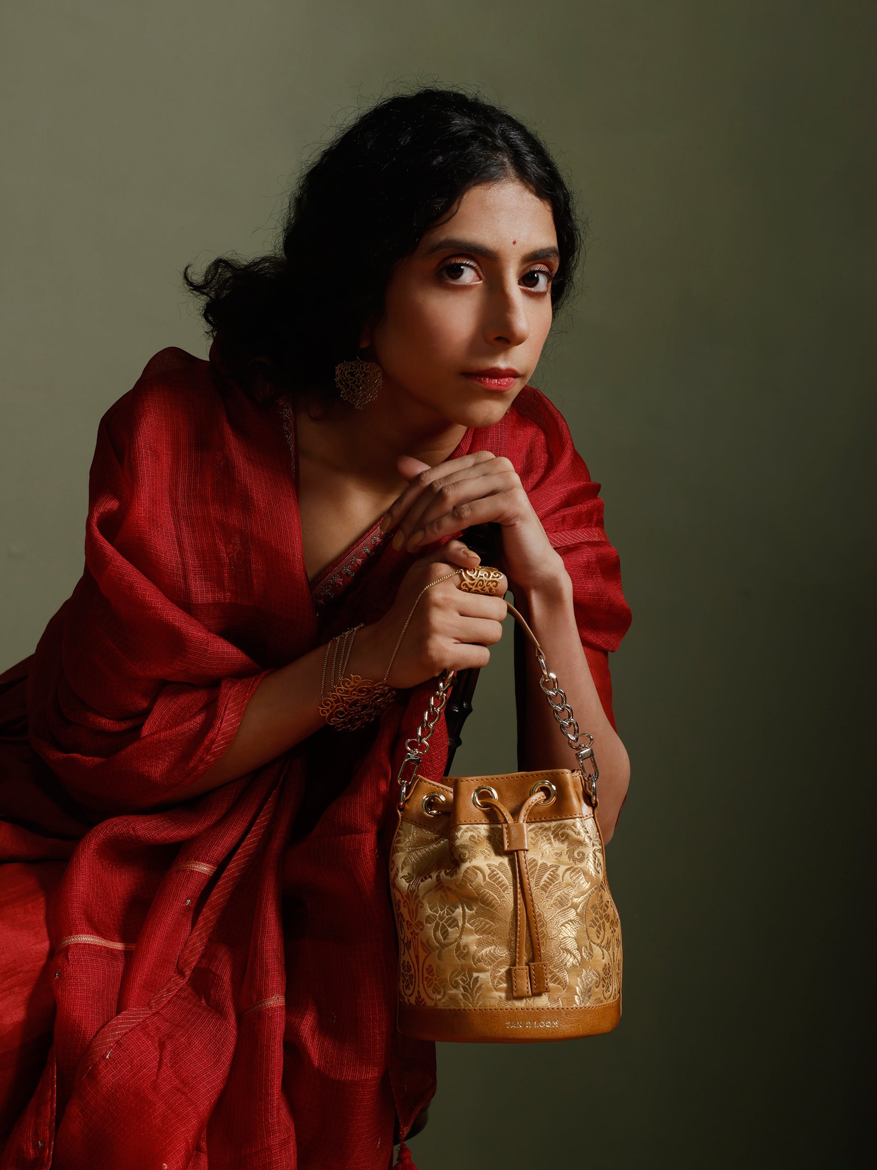 Handcrafted Golden Genuine Leather & Banarasi Brocade Bombay Bucket Bag for Women Tan & Loom