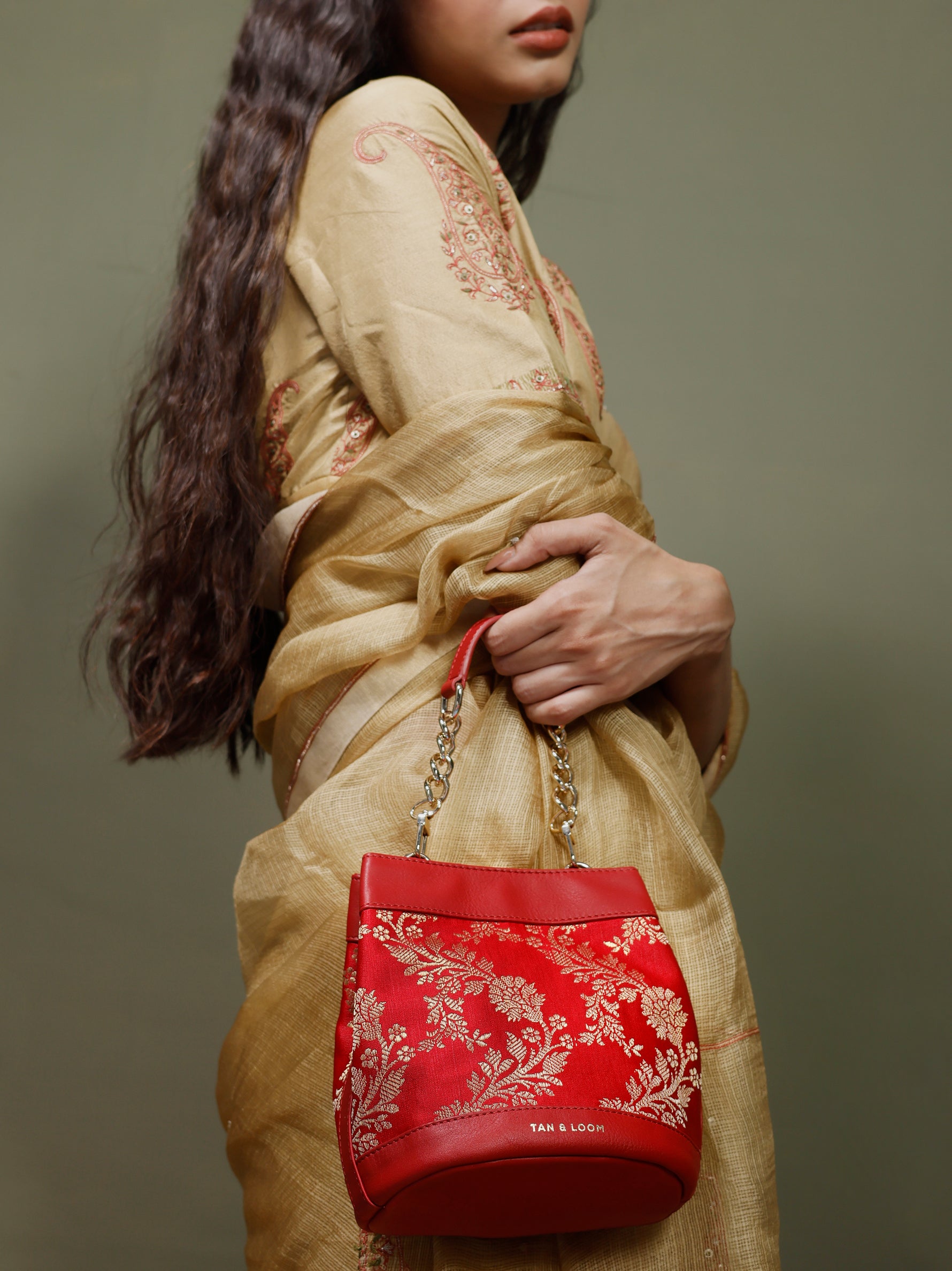 Handcrafted Red Genuine Leather & Banarasi Brocade Rani Batua for Women Tan & Loom