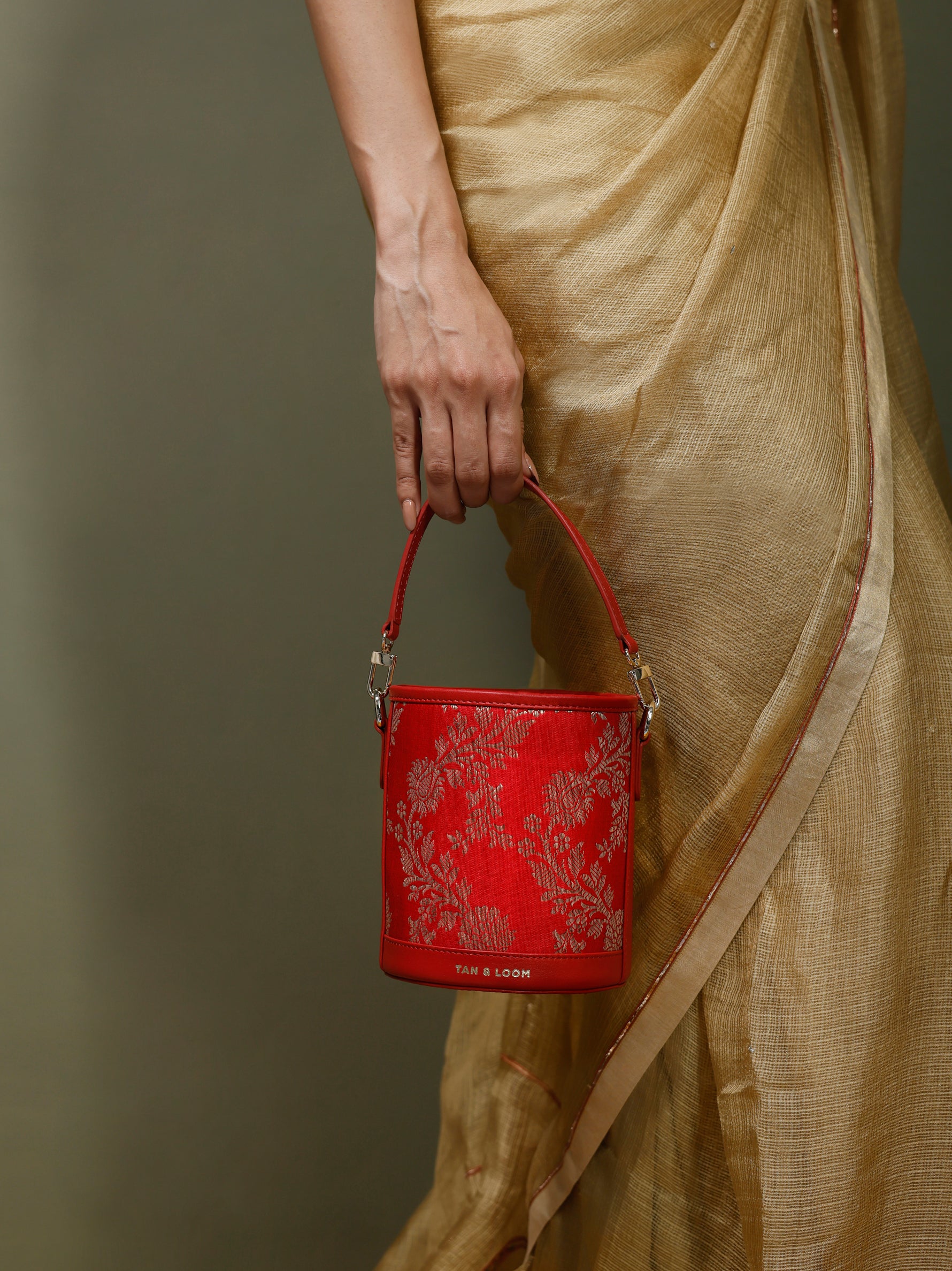 Handcrafted Red Genuine Leather & Banarasi Brocade Cylinder Potli Bag for Women Tan & Loom 