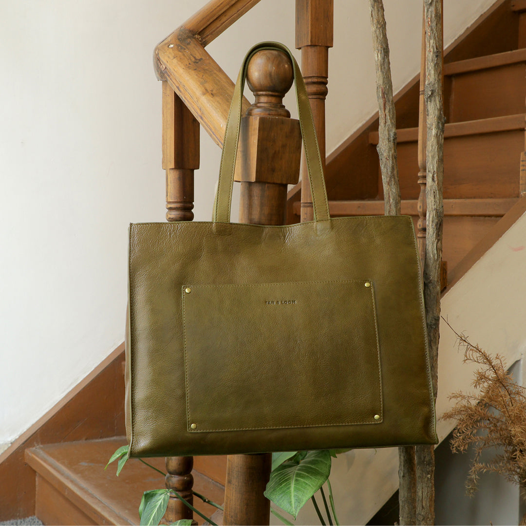 Handcrafted Genuine Vegetable Tanned Leather Artist's Tote Olive Green for Women Tan & Loom