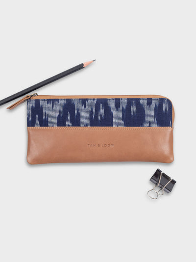 Handcrafted Premium Genuine Vegetable Tanned Leather & Ikat Navy Blue Pencil Pouch for Women Tan & Loom