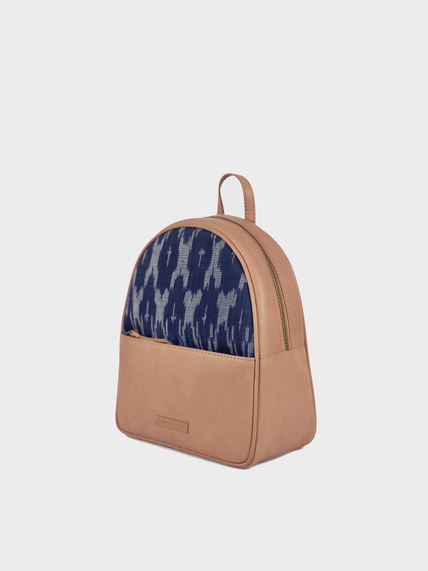 Handcrafted Premium Genuine Vegetable Tanned Leather & Ikat Navy Blue Backpack for Women Tan & Loom