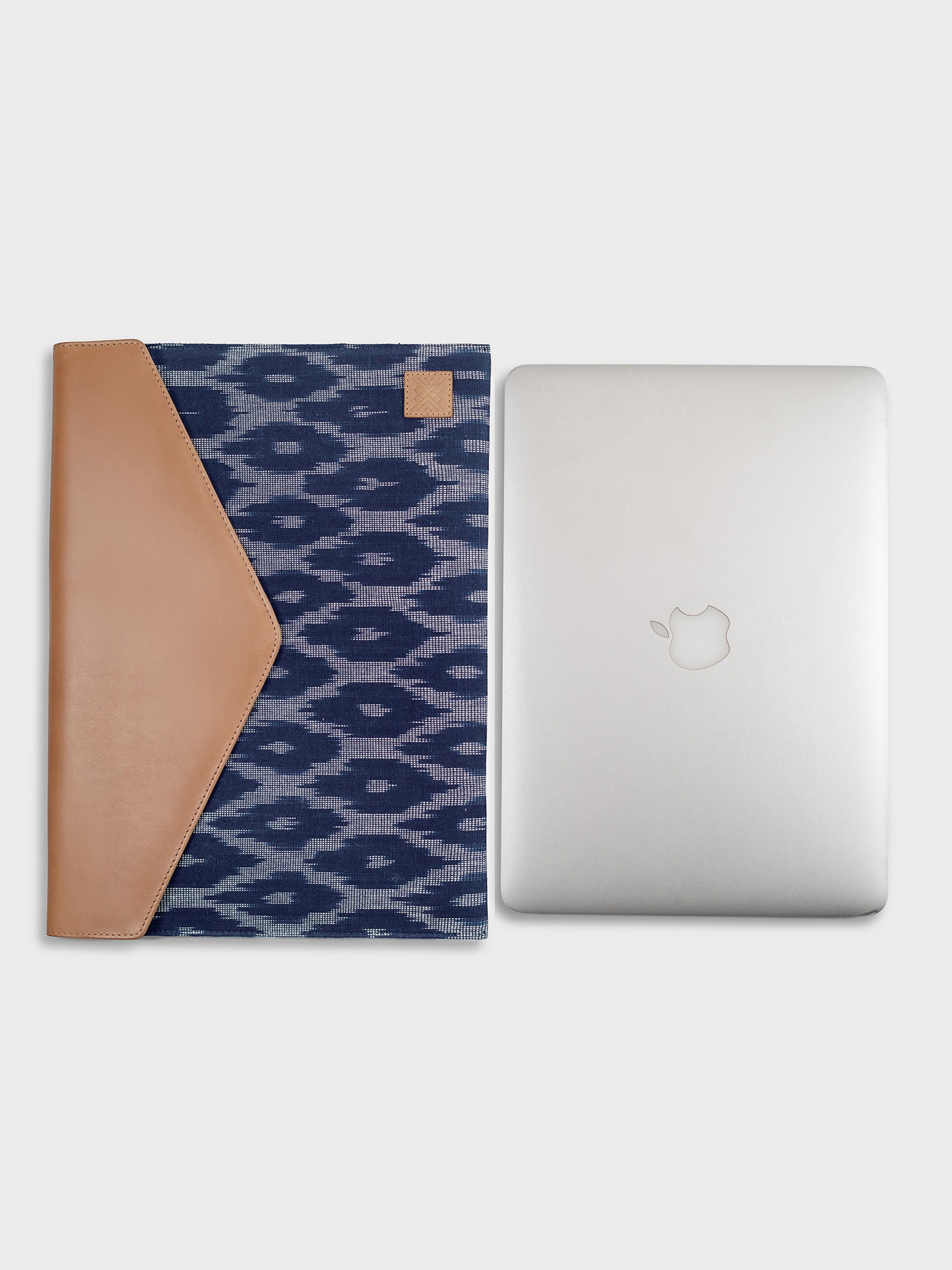 Handcrafted Premium Genuine Vegetable Tanned Leather & Ikat Navy Blue Envelope Laptop Sleeve for Women Tan & Loom