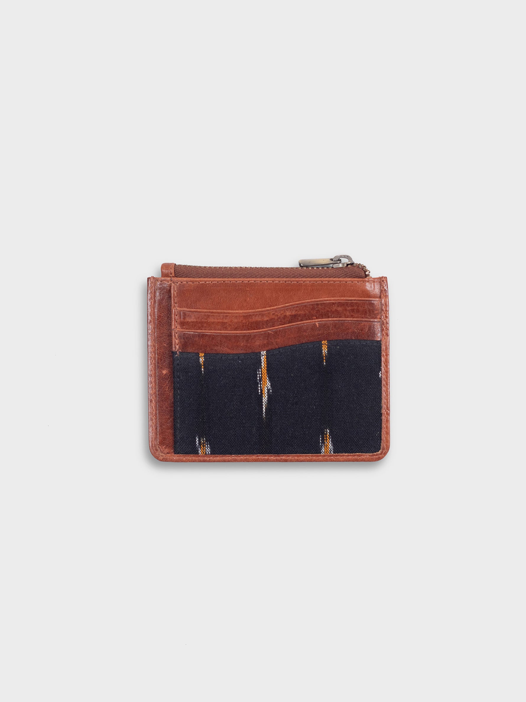 Handcrafted Premium Genuine Vegetable Tanned Leather & Ikat Black & Yellow Card Holder for Women Tan & Loom