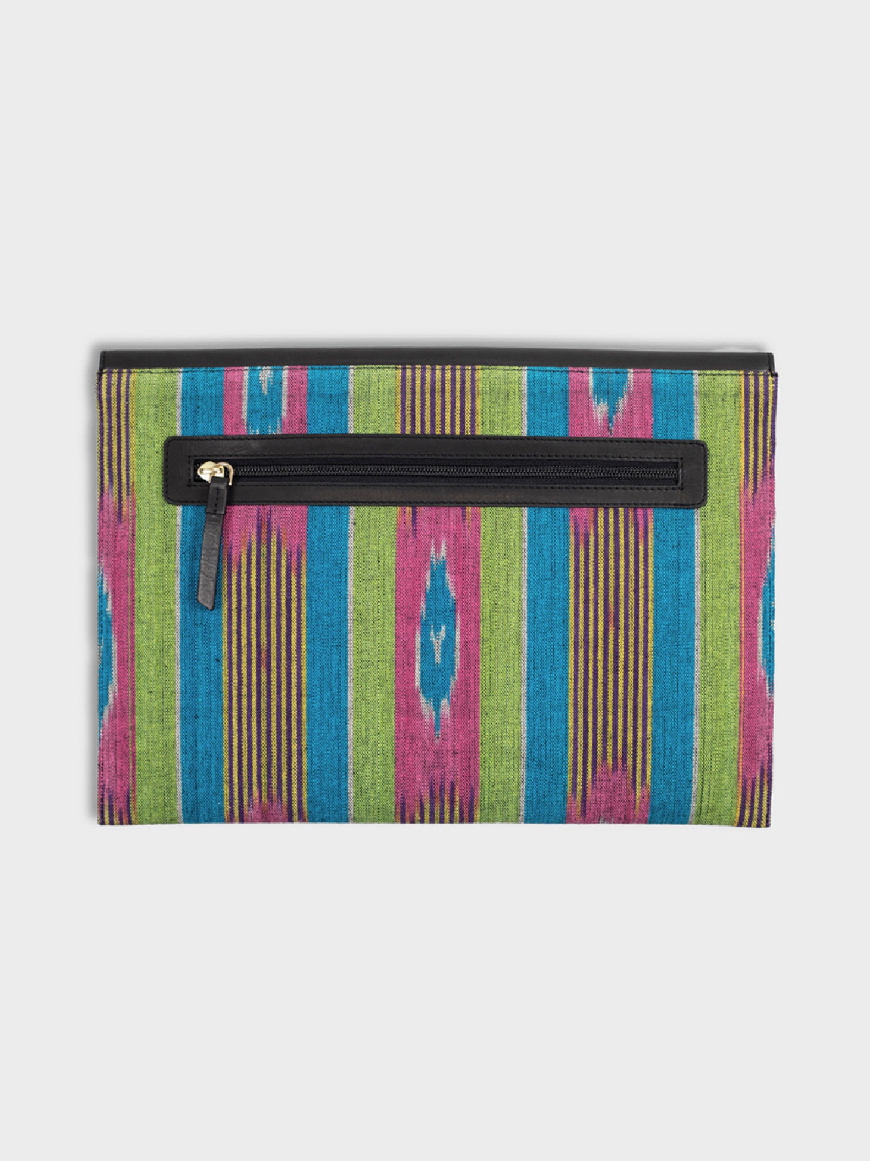 Handcrafted Genuine Leather & Colourfull Ikat Market Women's Envelope Laptop Sleeve Tan & Loom