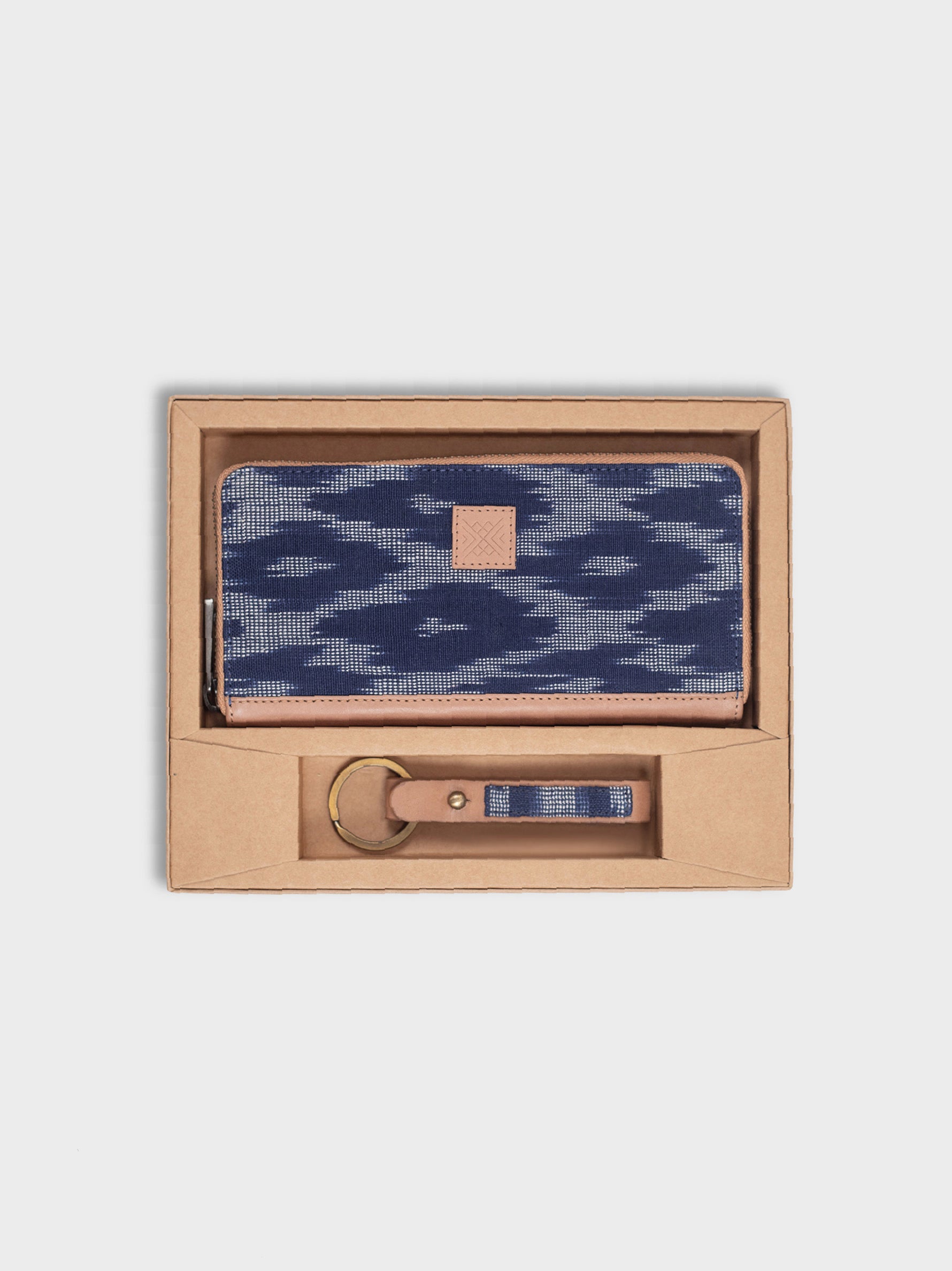 Handcrafted Premium Genuine Vegetable Tanned Leather & Ikat Navy Blue Gift Set  for Women Tan & Loom