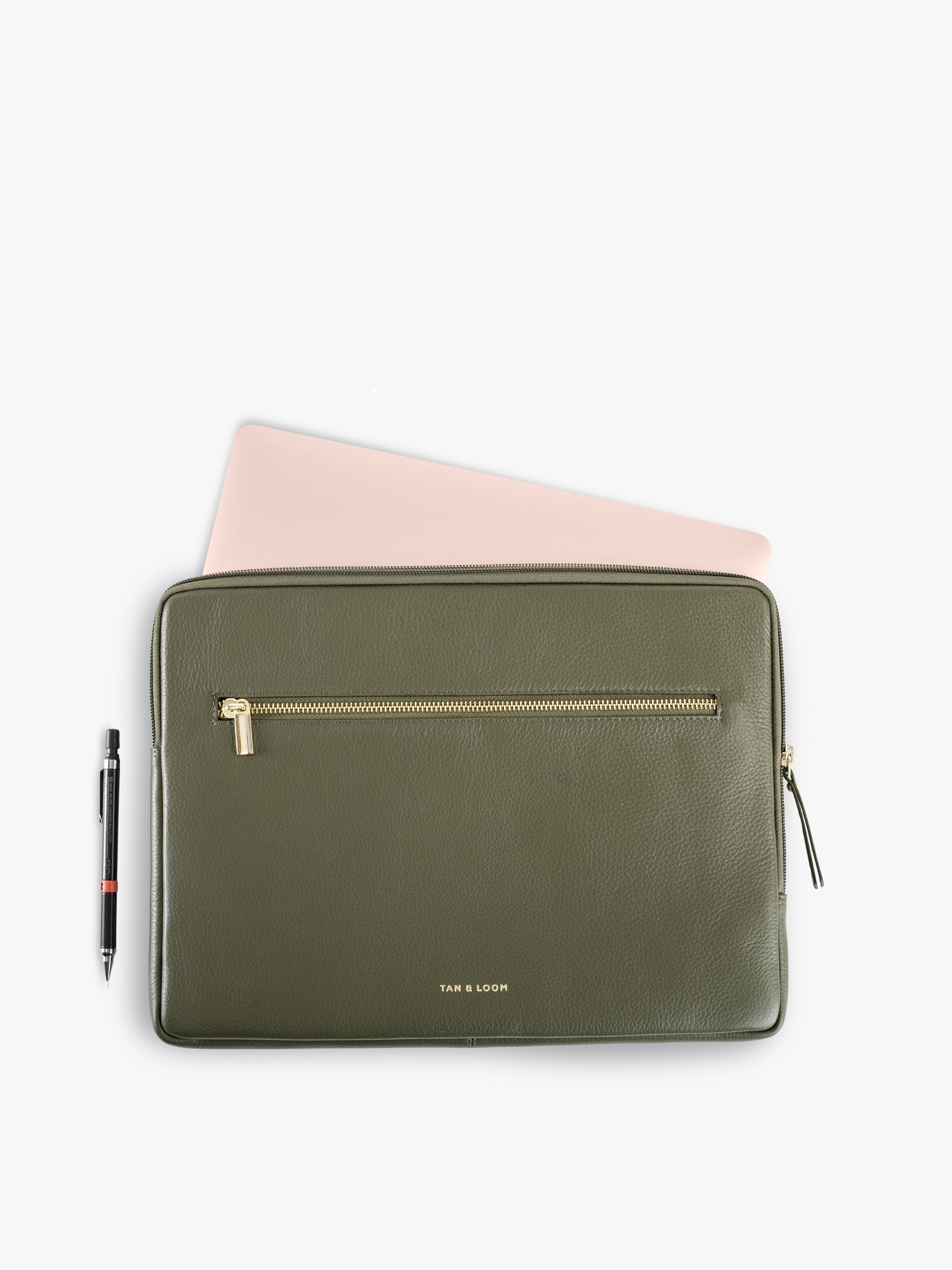 Handcrafted genuine leather classic laptop sleeve for women Olive Green