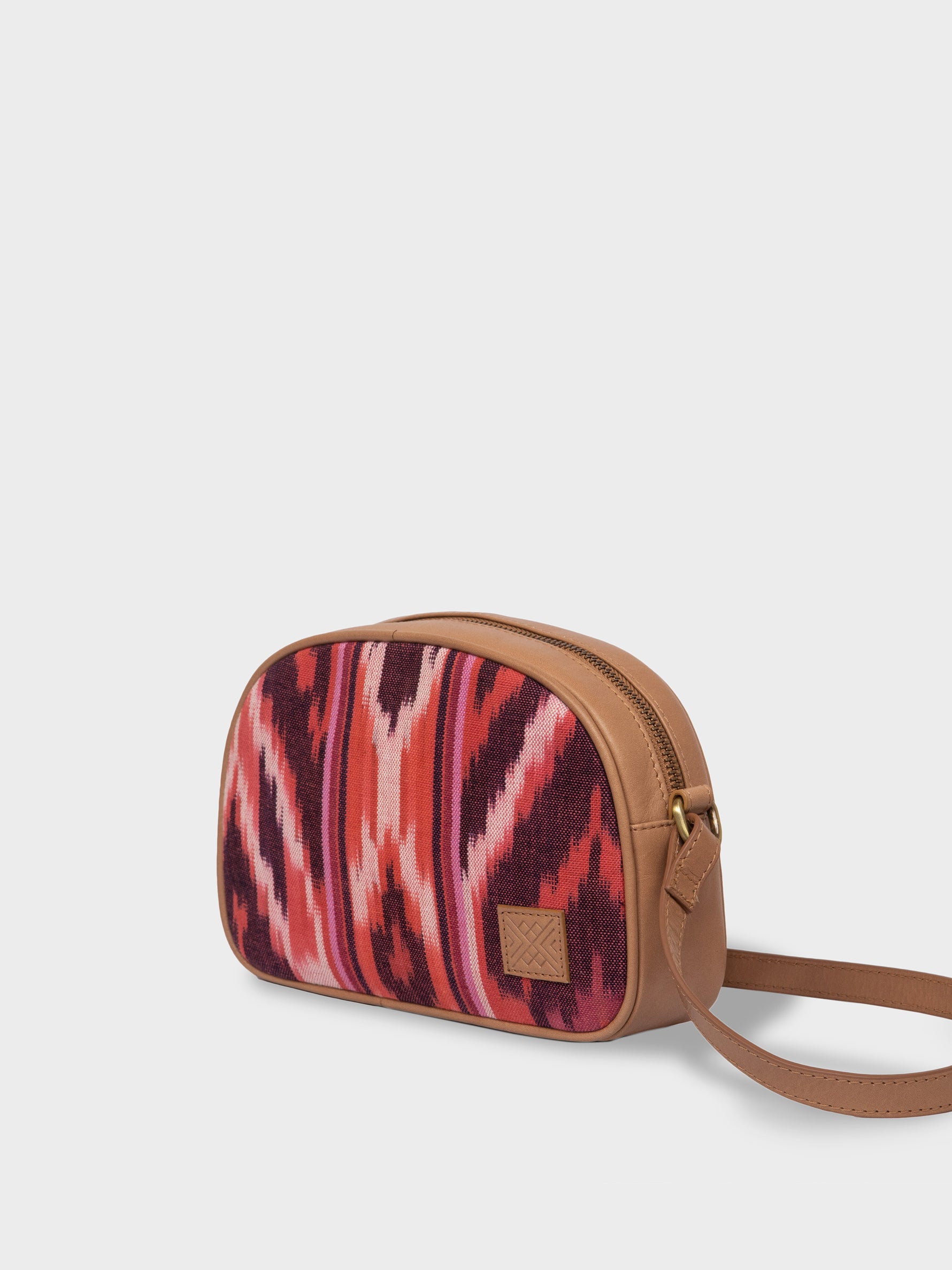 Handcrafted Premium Genuine Vegetable Tanned Leather & Pink Ikat Mini Camera Sling Bag for Women Tan & Loom