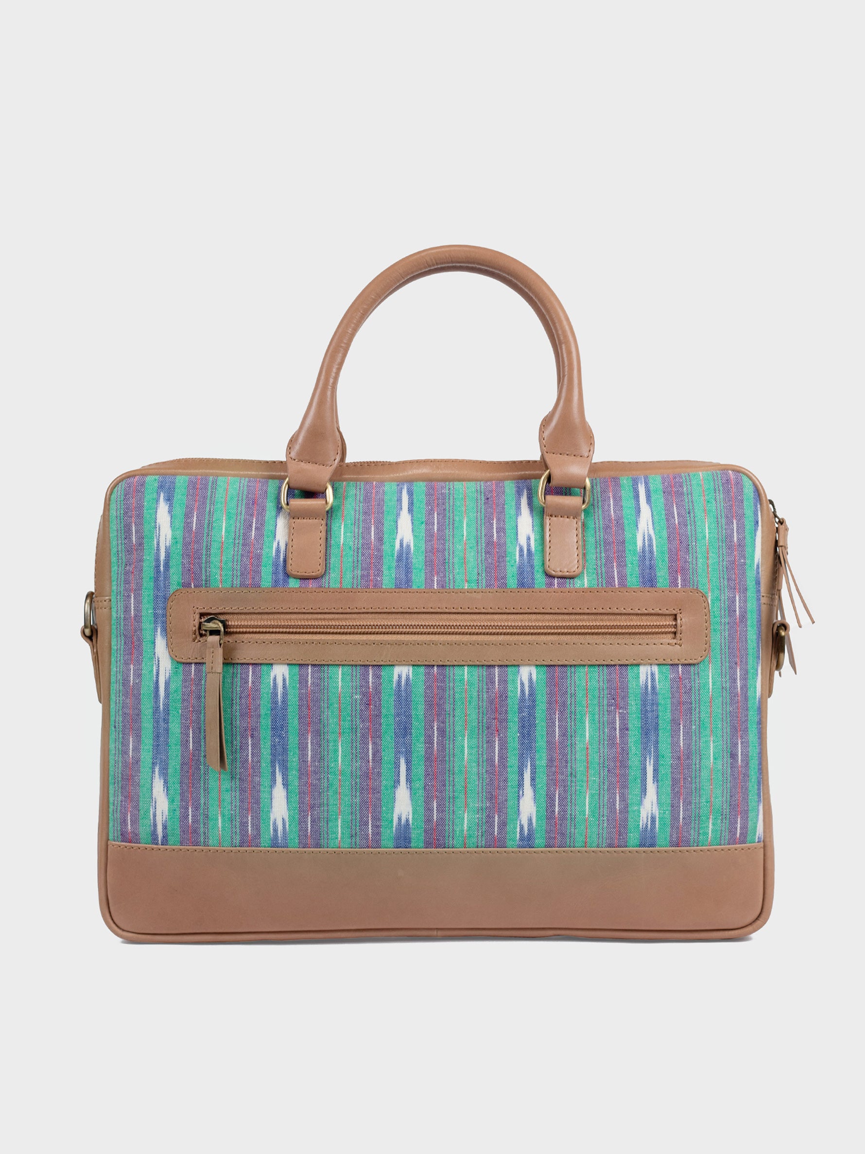 Handcrafted Premium Vegetable Tanned Leather & Ikat Teal Blue Laptop Bag for Women Tan & Loom