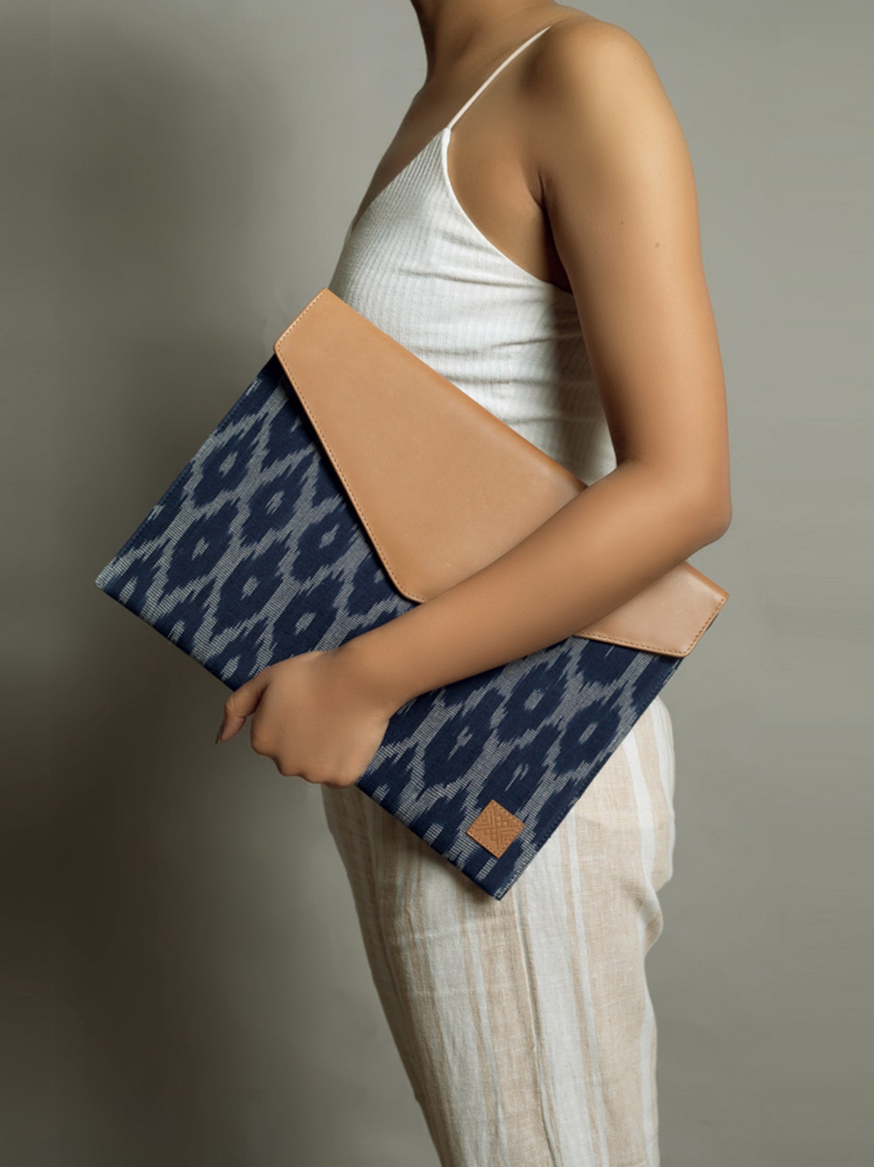 Handcrafted Premium Genuine Vegetable Tanned Leather & Ikat Navy Blue Envelope Laptop Sleeve for Women Tan & Loom