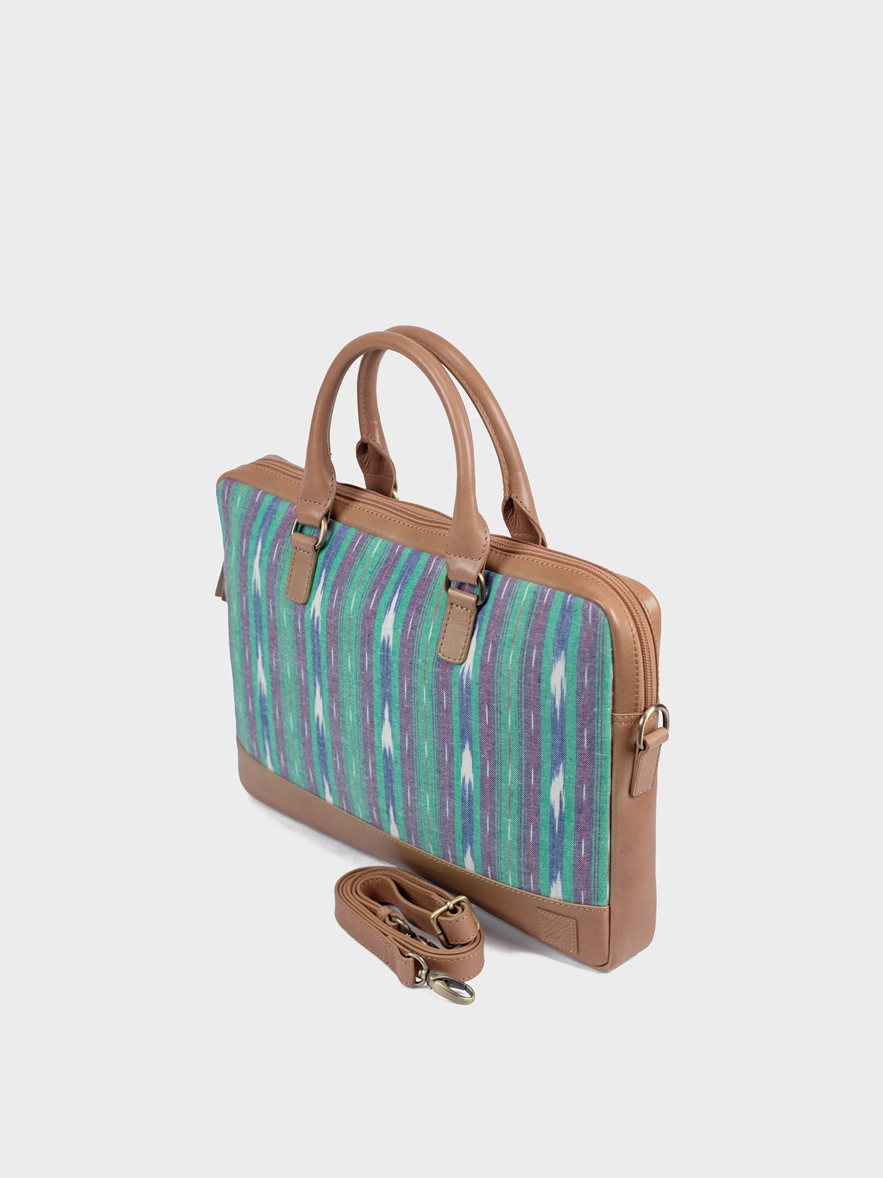 Handcrafted Premium Vegetable Tanned Leather & Ikat Teal Blue Laptop Bag for Women Tan & Loom