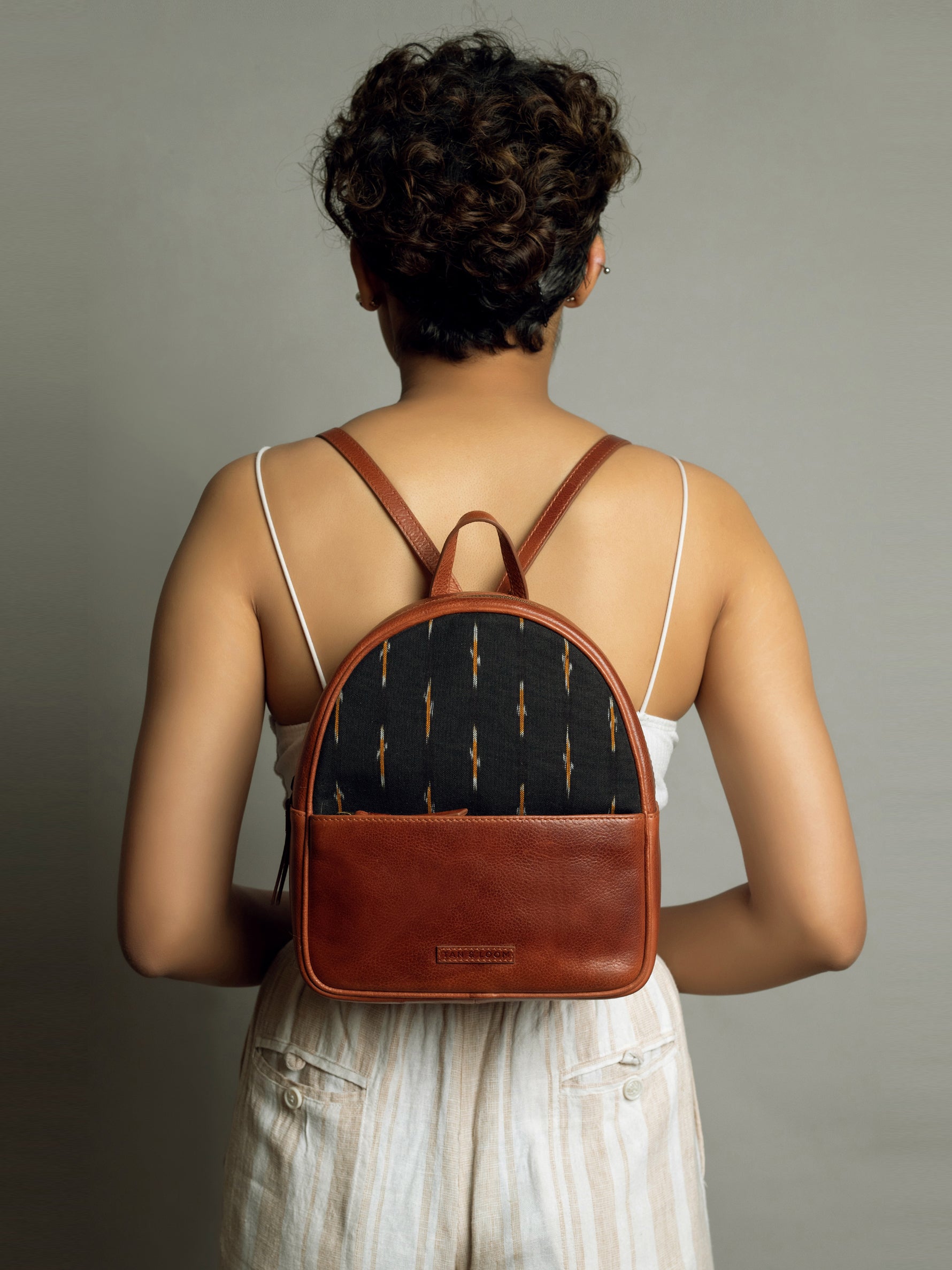 Handcrafted Premium Genuine Vegetable Tanned Leather & Ikat Black & Yellow Backpack for Women Tan & Loom