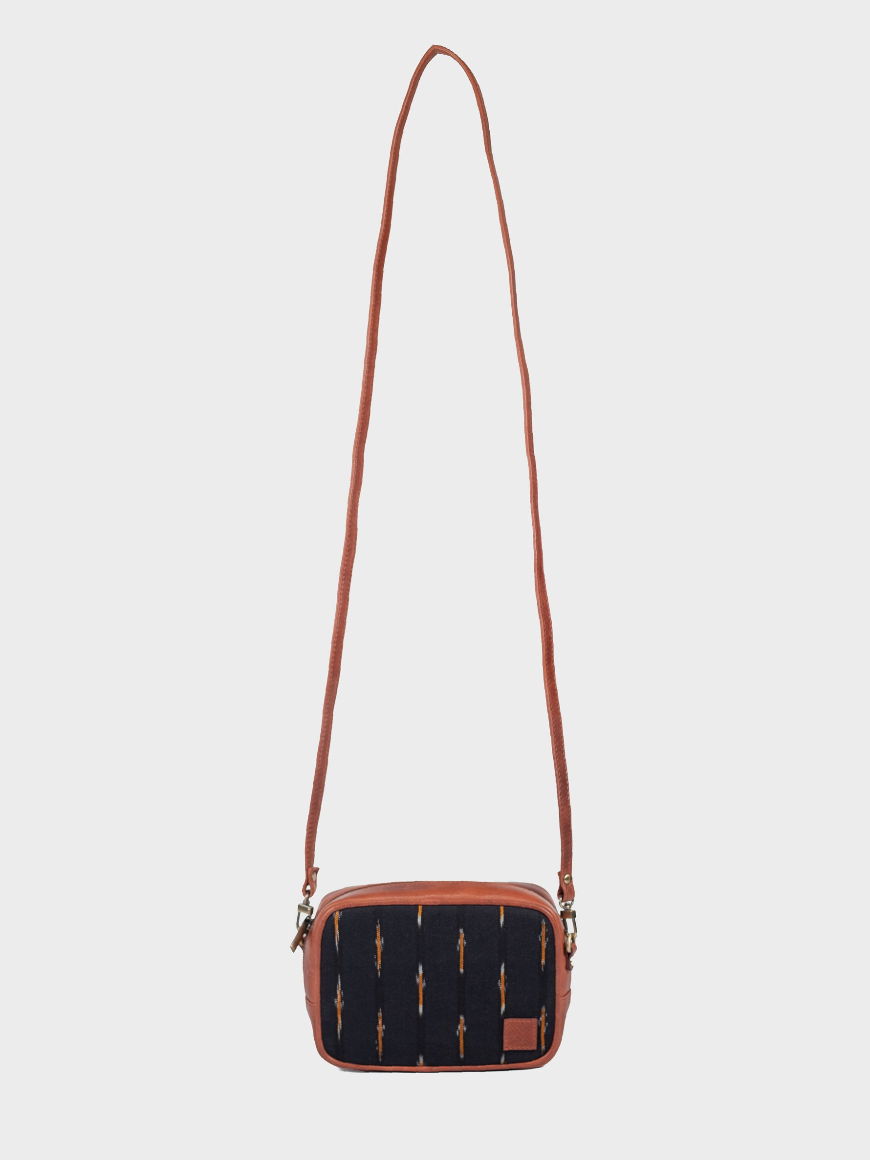 Handcrafted Premium Genuine Vegetable Tanned Leather & Ikat Black & Yellow Mini Box Sling Bag for Women Tan & Loom