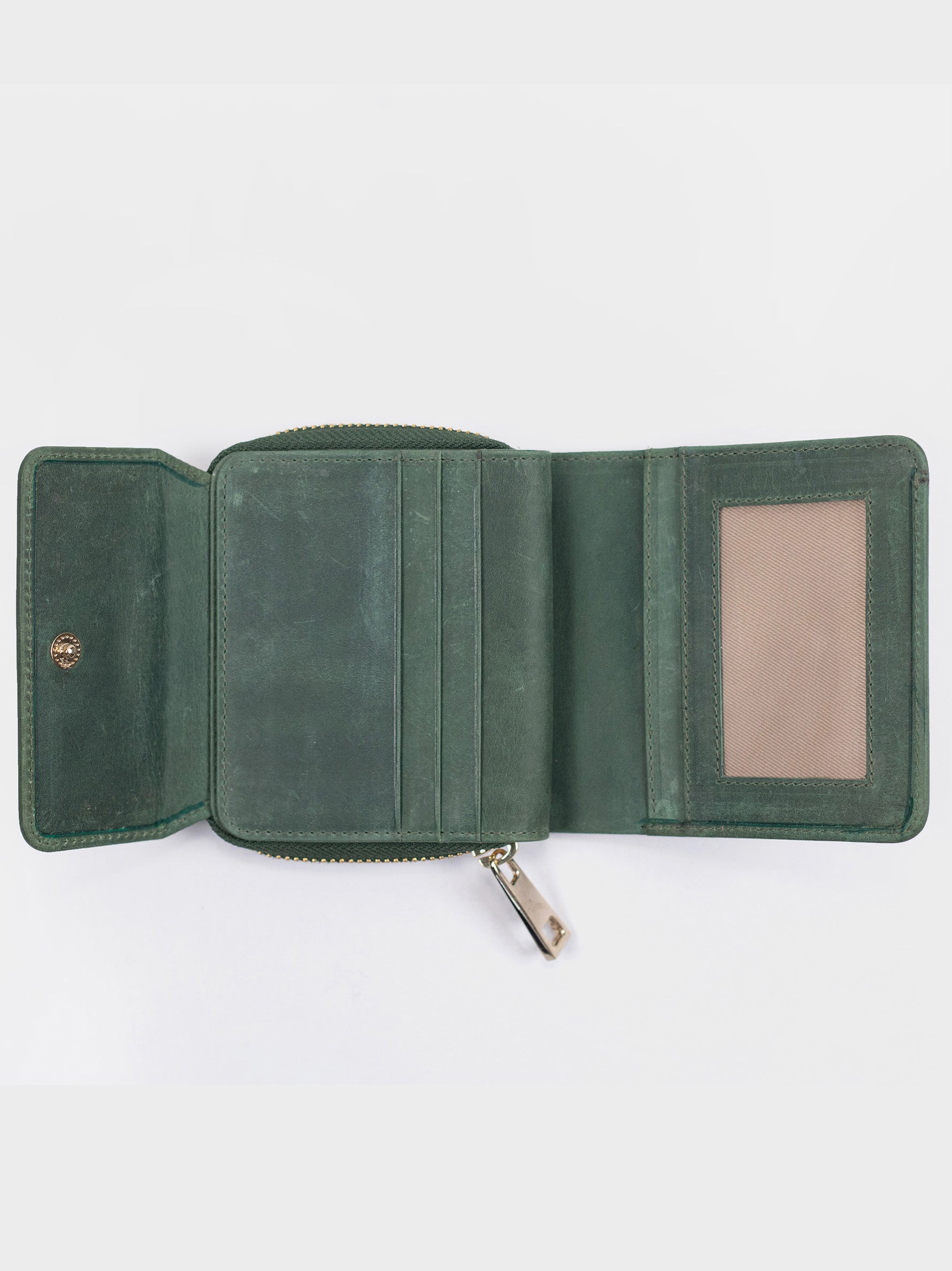 Premium  Distressed Vegetable Tanned Leather Green Mini Wallet for Women Tan & Loom