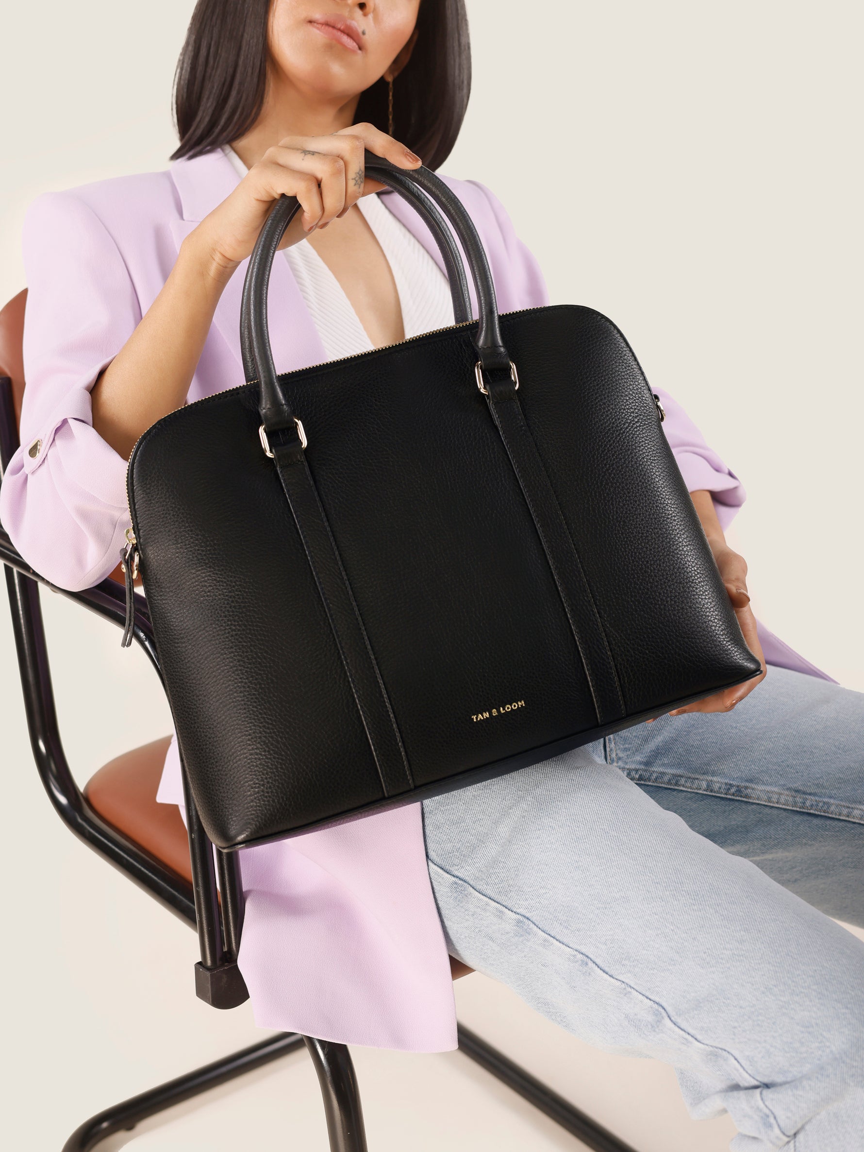 Handcrafted genuine leather laptop bag for women Classic Black