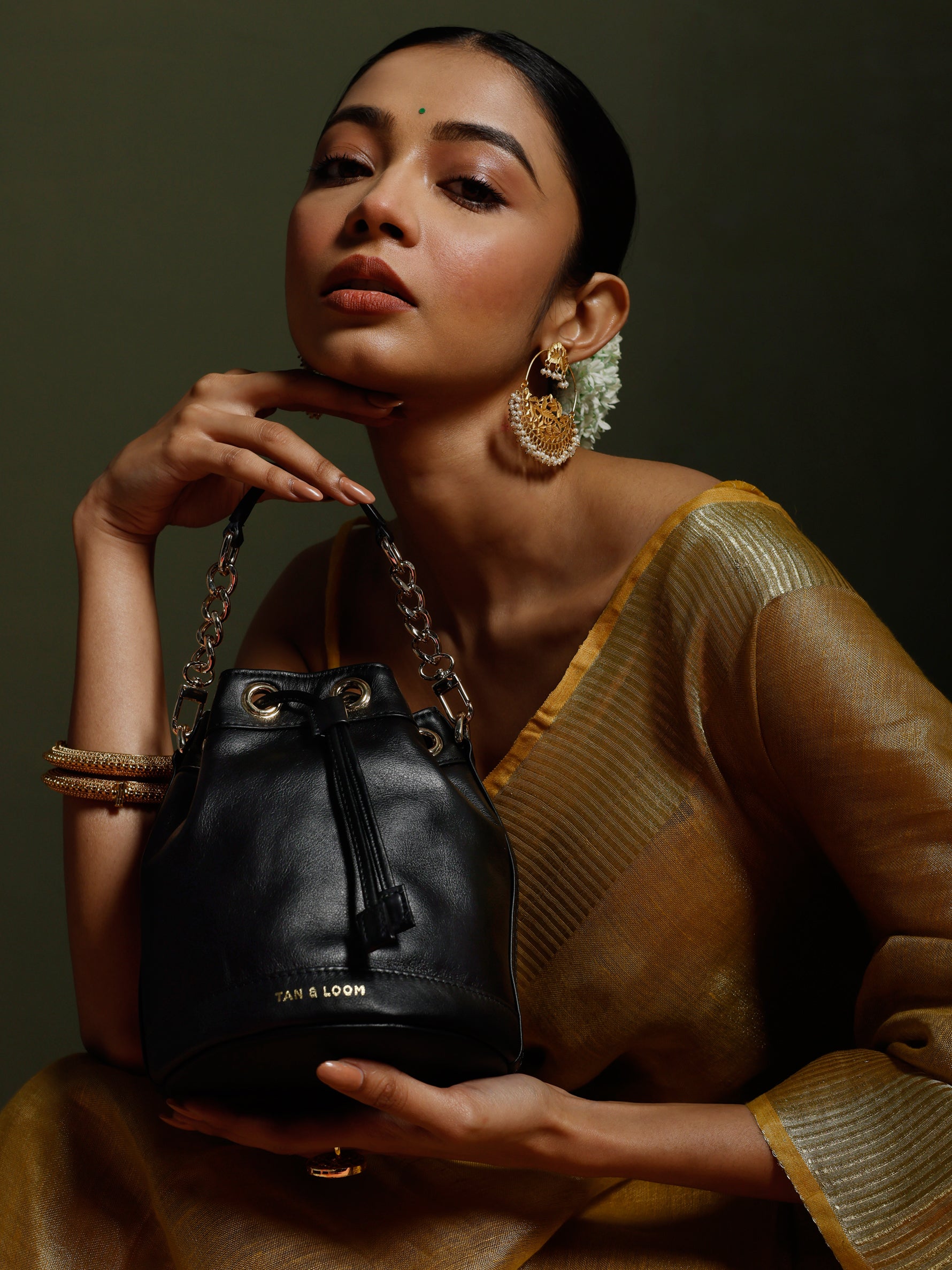 Handcrafted Black Genuine Leather Bombay Bucket Bag for Women Tan & Loom