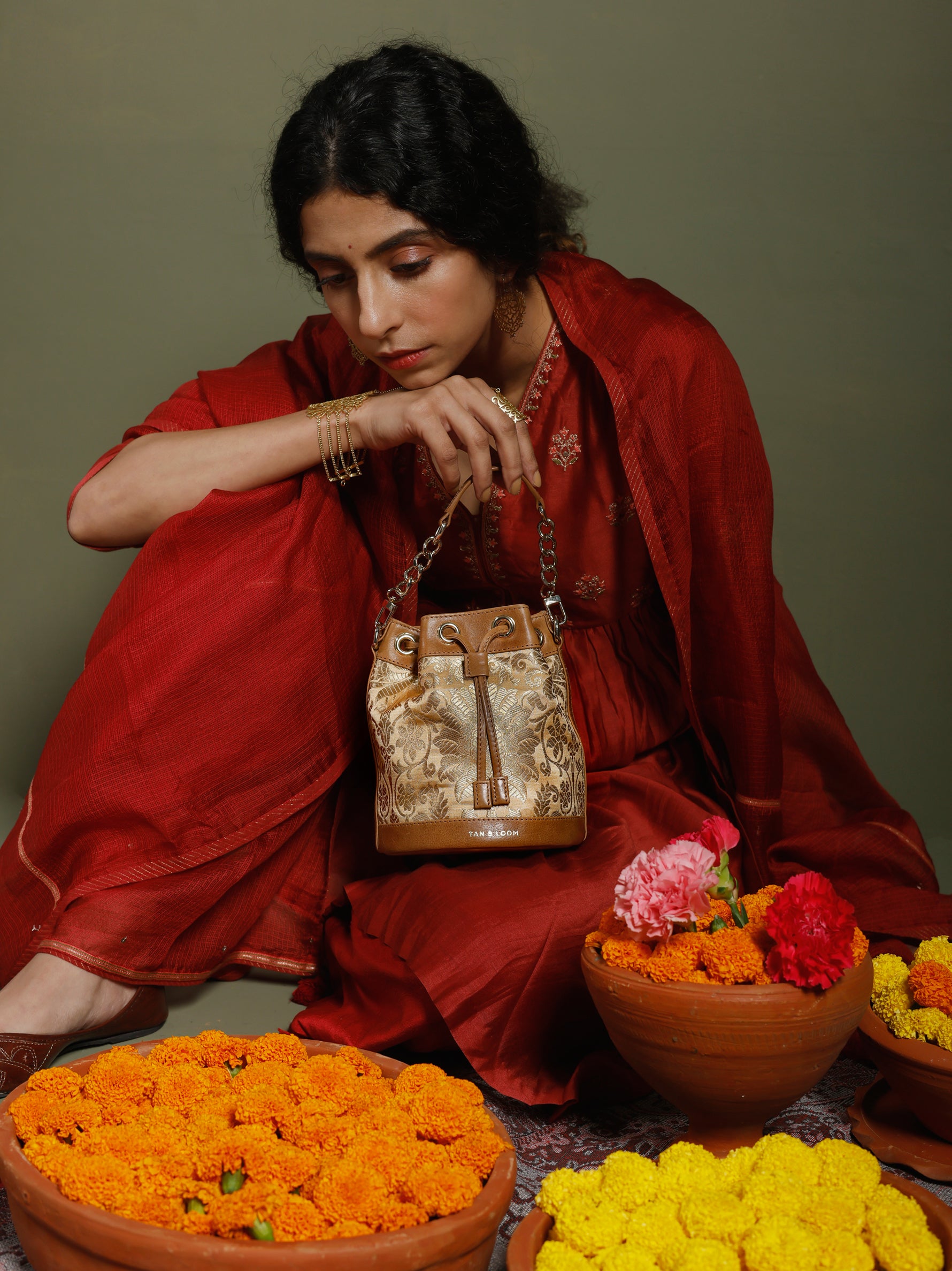 Handcrafted Golden Genuine Leather & Banarasi Brocade Bombay Bucket Bag for Women Tan & Loom