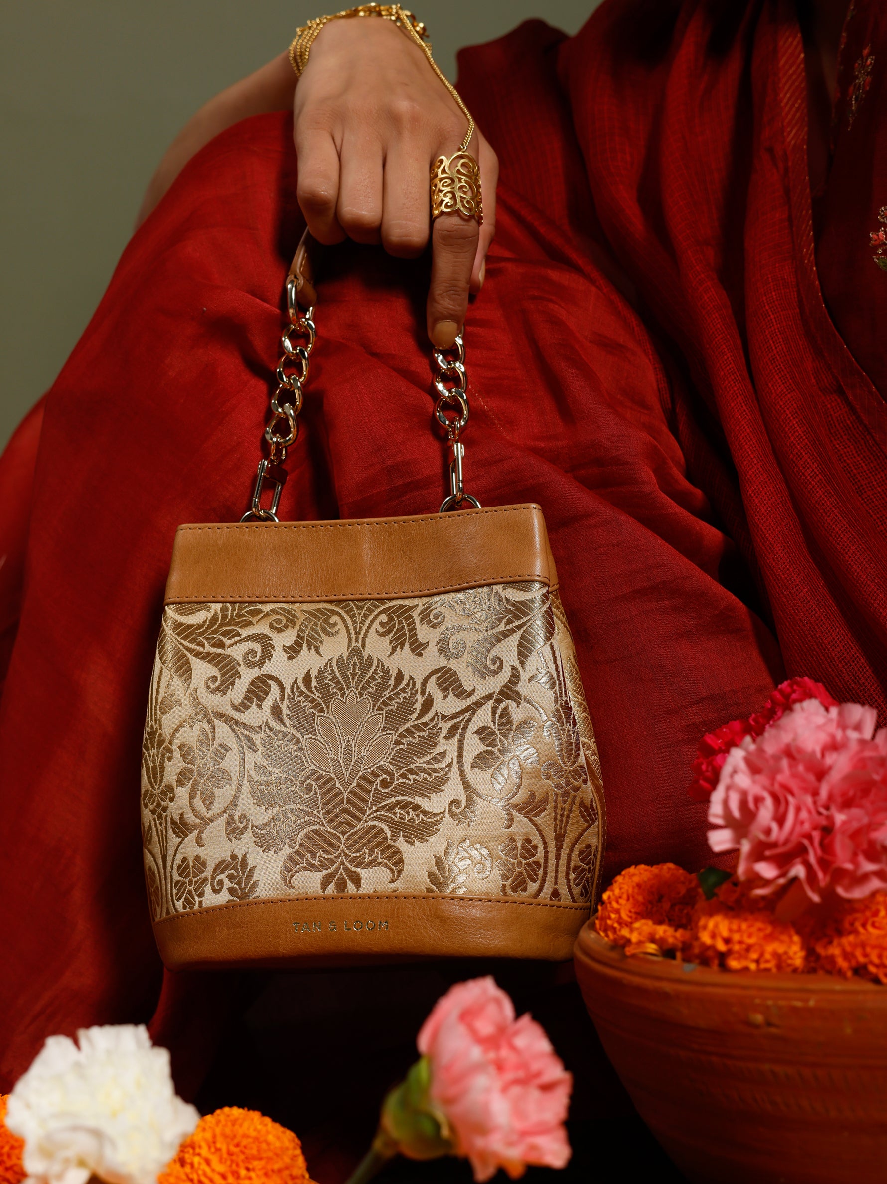Handcrafted Golden Genuine Leather & Banarasi Brocade Rani Batua for Women Tan & Loom